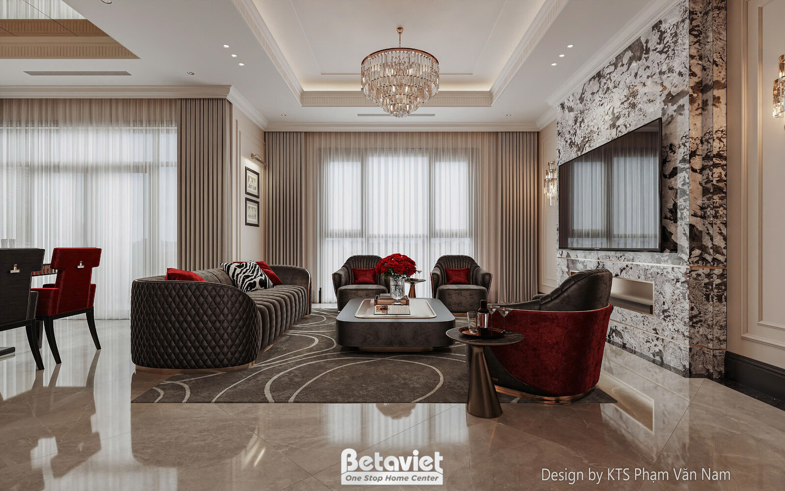 Góc phòng khách nhìn từ cửa sổ, với bộ sofa xám và bàn trà trung tâm. Tường ốp đá vân mây trắng làm nền cho TV. Ánh sáng t…