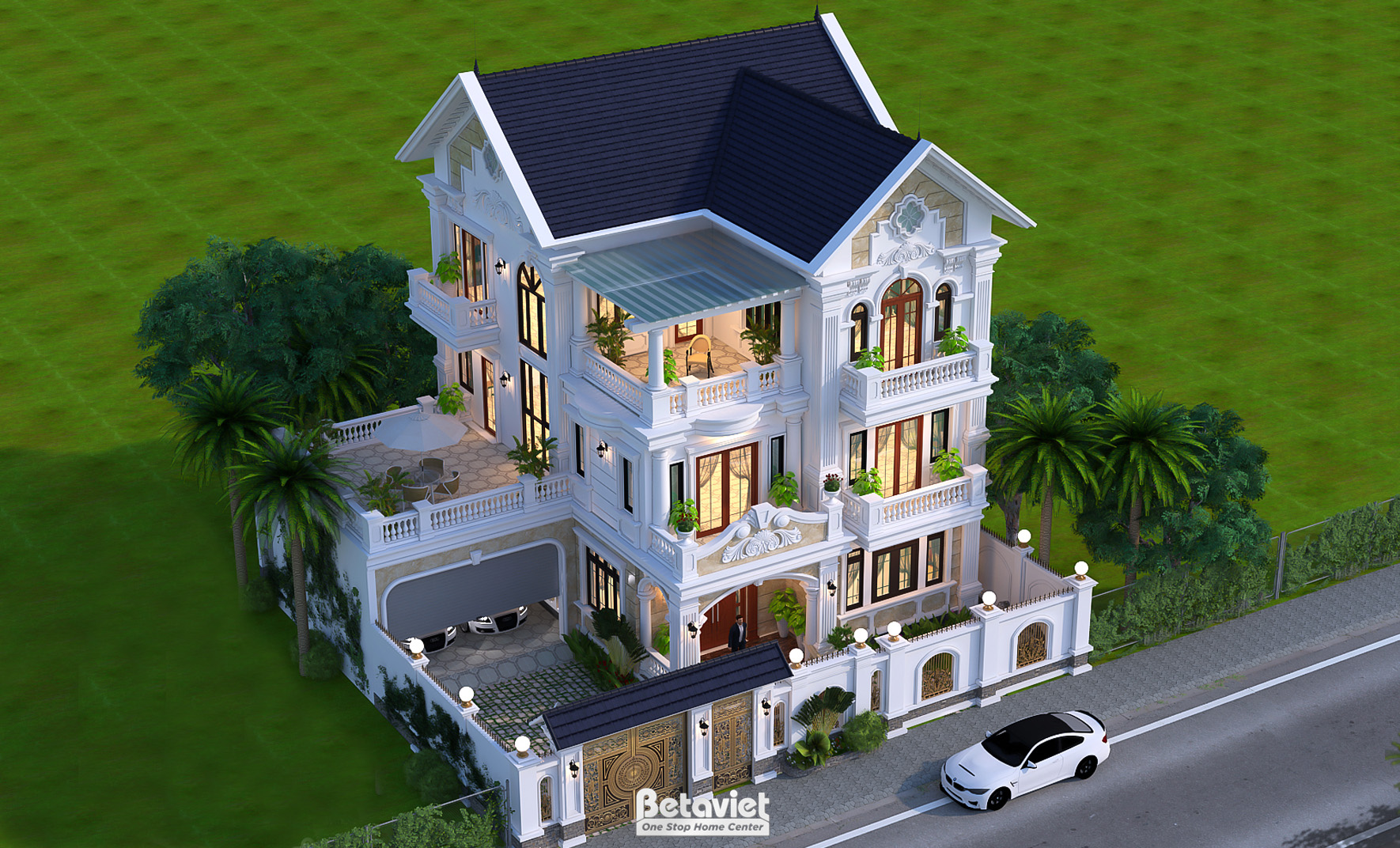 Thiết kế mặt tiền nhà biệt thự 3 tầng tân cổ điển 500m2 tại Hà Nam KT18124