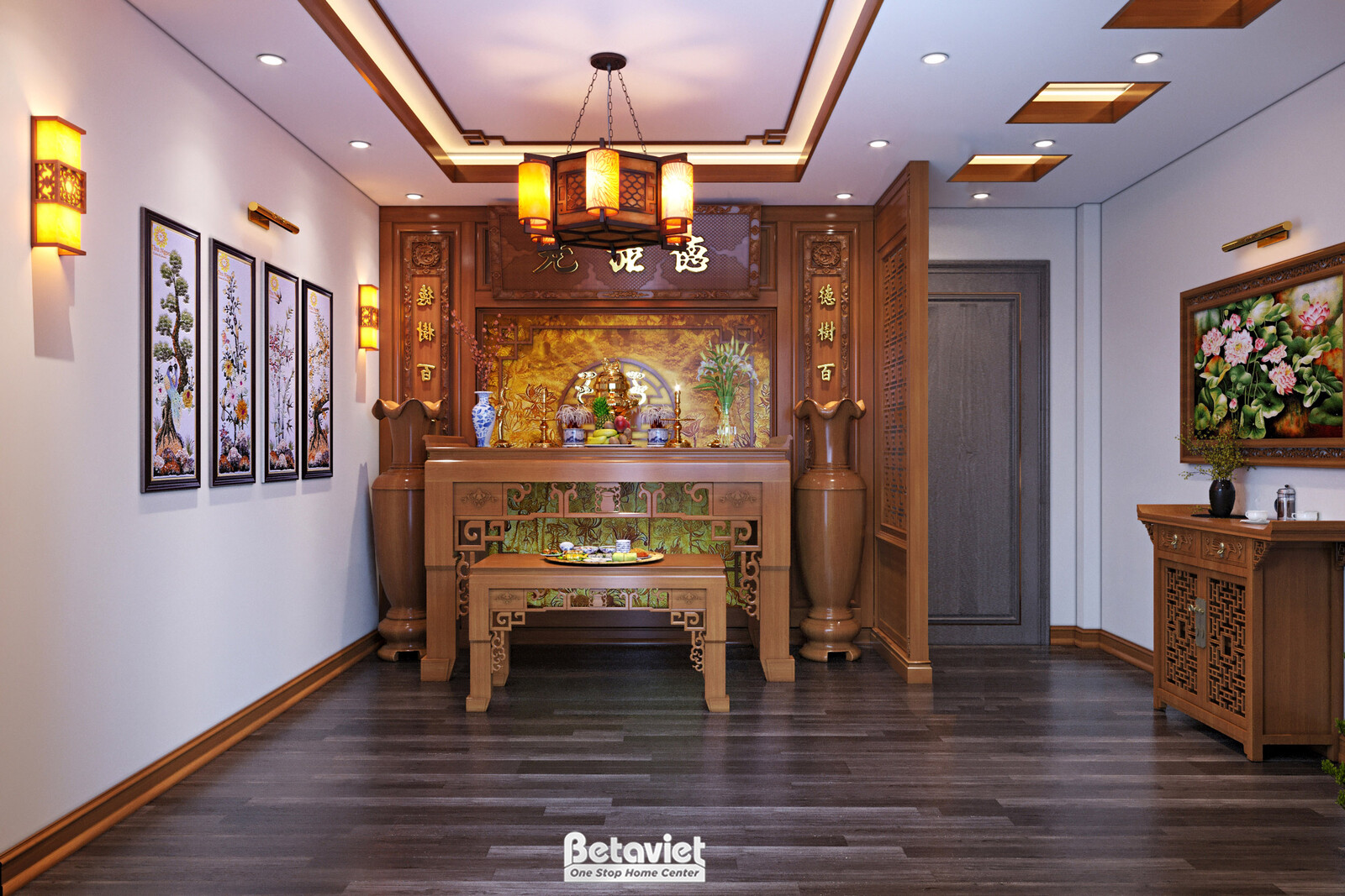 Không gian trang trọng với nội thất gỗ tự nhiên màu nâu trầm, được chạm khắc tỉ mỉ. Bàn gỗ thấp đặt phía trước, tạo điểm n…