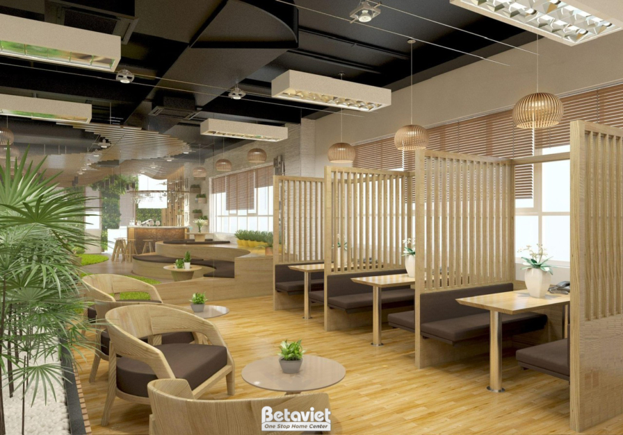 Khu vực ngồi riêng tư trong quán cafe, được ngăn cách bằng vách lam gỗ nhẹ nhàng. Bàn ghế gỗ hiện đại, sàn gỗ ấm áp và ánh…