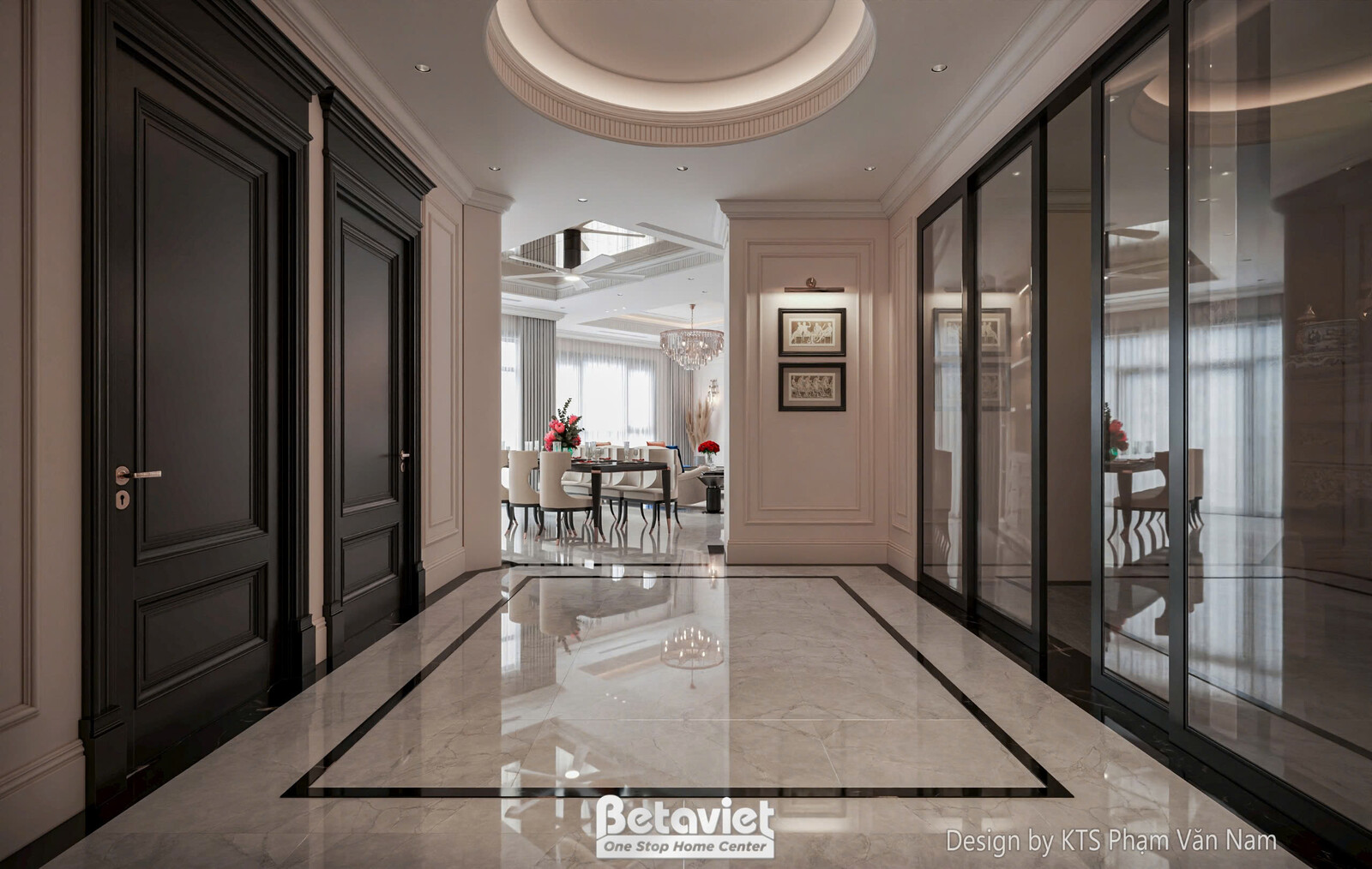 Đại sảnh căn hộ với sàn đá marble bóng gương, đường viền đen táo bạo đầy nghệ thuật. Hệ cửa gỗ màu đen sang trọng kết hợp…