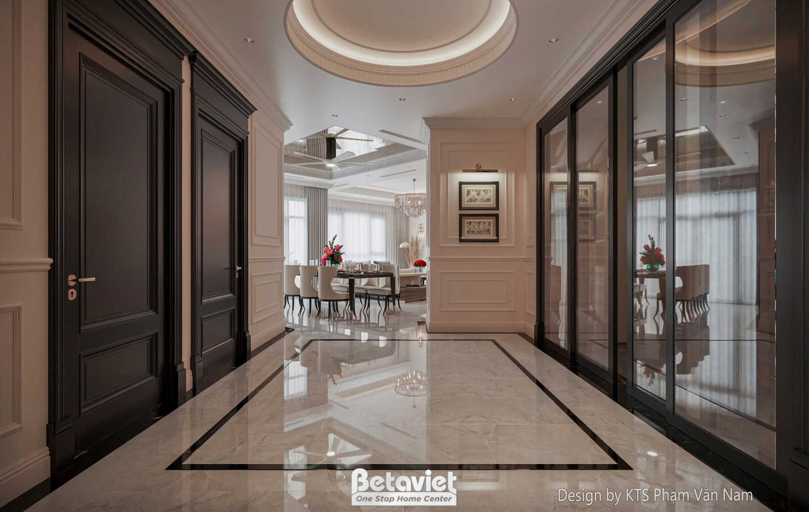 Góc nhìn tổng thể đại sảnh, với sàn đá marble và hệ tủ trang trí âm tường đối xứng. Ánh sáng tự nhiên và đèn trần kết hợp…