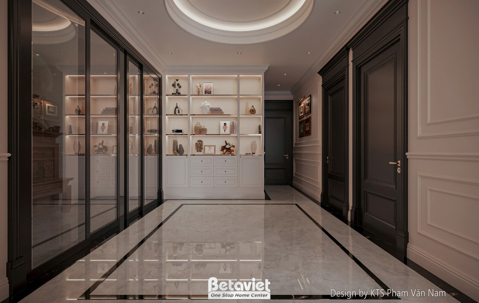 Đại sảnh căn hộ với sàn đá marble bóng loáng và hệ tủ trang trí âm tường màu trắng. Ánh sáng từ đèn hắt trần và đèn chiếu…