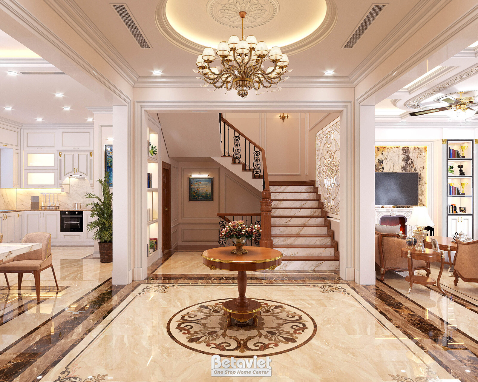 Nội thất đại sảnh biệt thự tân cổ điển NT21078 – góc nhìn 2