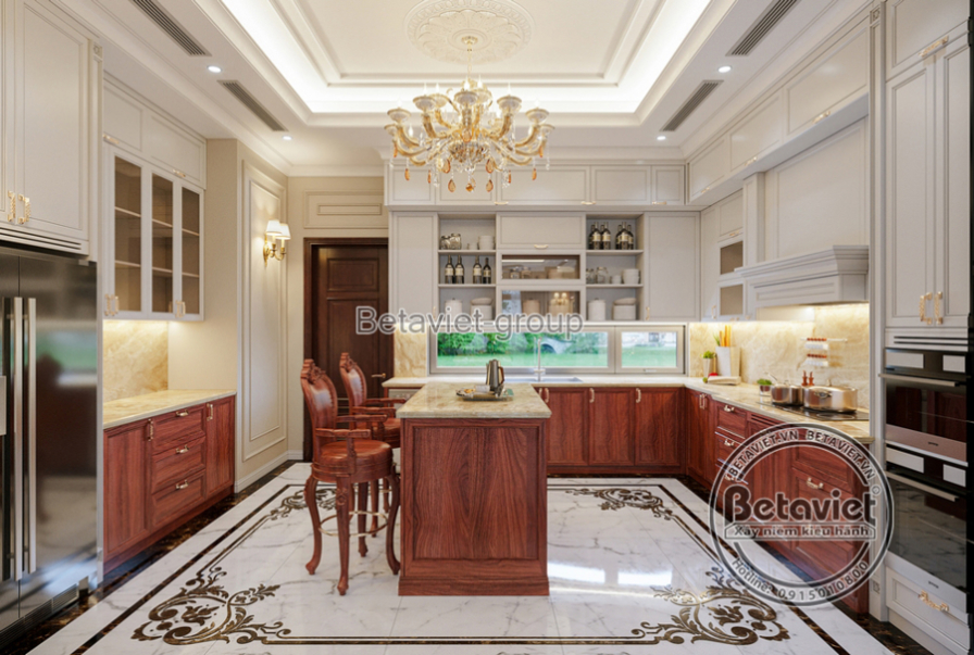Nội thất phòng bếp biệt thự tân cổ điển NT21121 – góc nhìn tổng thể