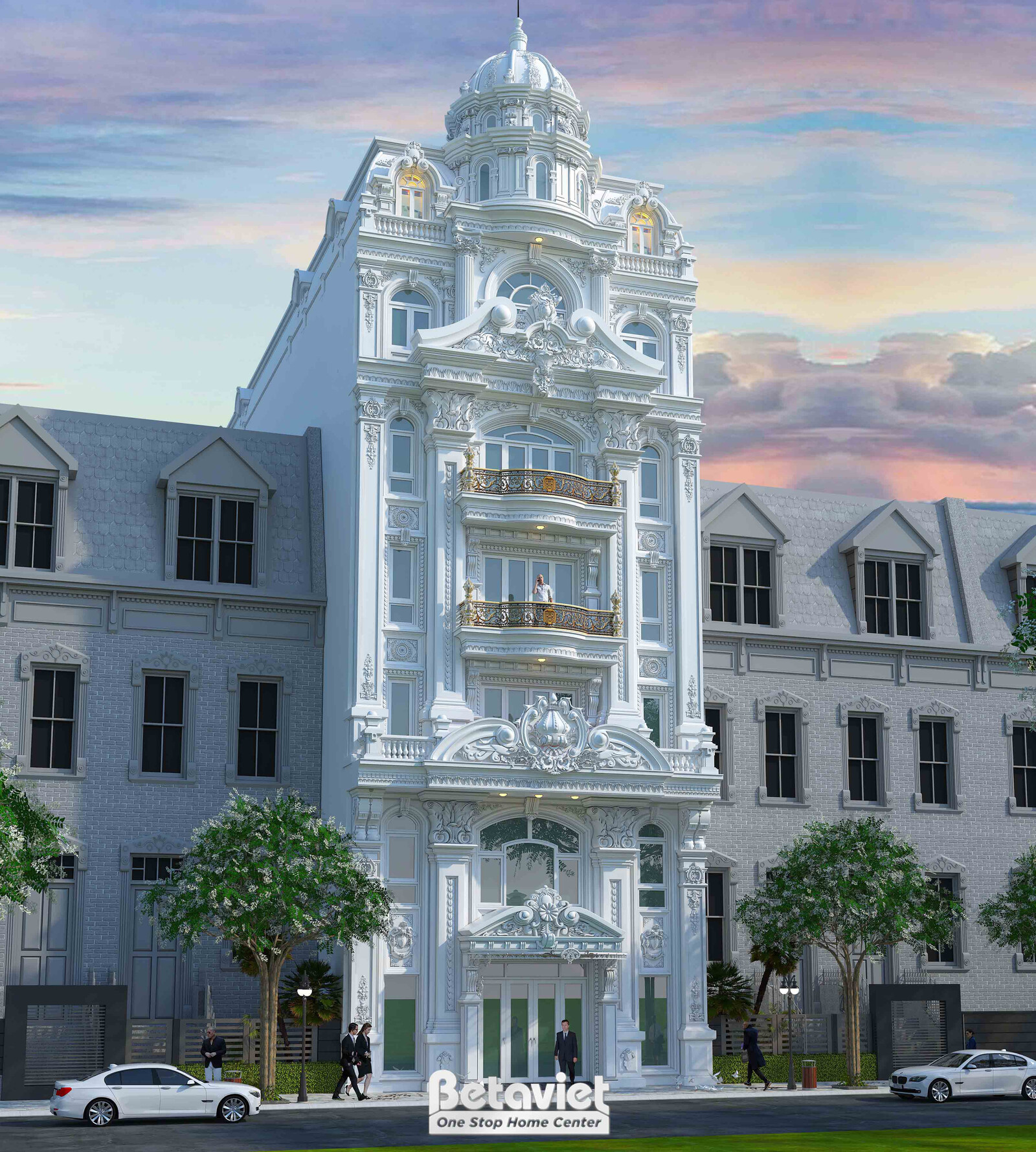 Góc chụp mặt tiền cận chi tiết phù điêu quanh cửa sổ và đỉnh tháp mái vòm. Tông trắng chủ đạo, điểm nhấn vàng đồng ở lan c…