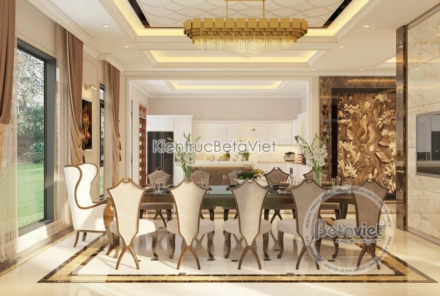 Bảng màu Art Deco trong dự án NT19320 — phòng ăn tông trắng kem vàng kim với bàn gỗ mặt kính và đèn thả pha lê