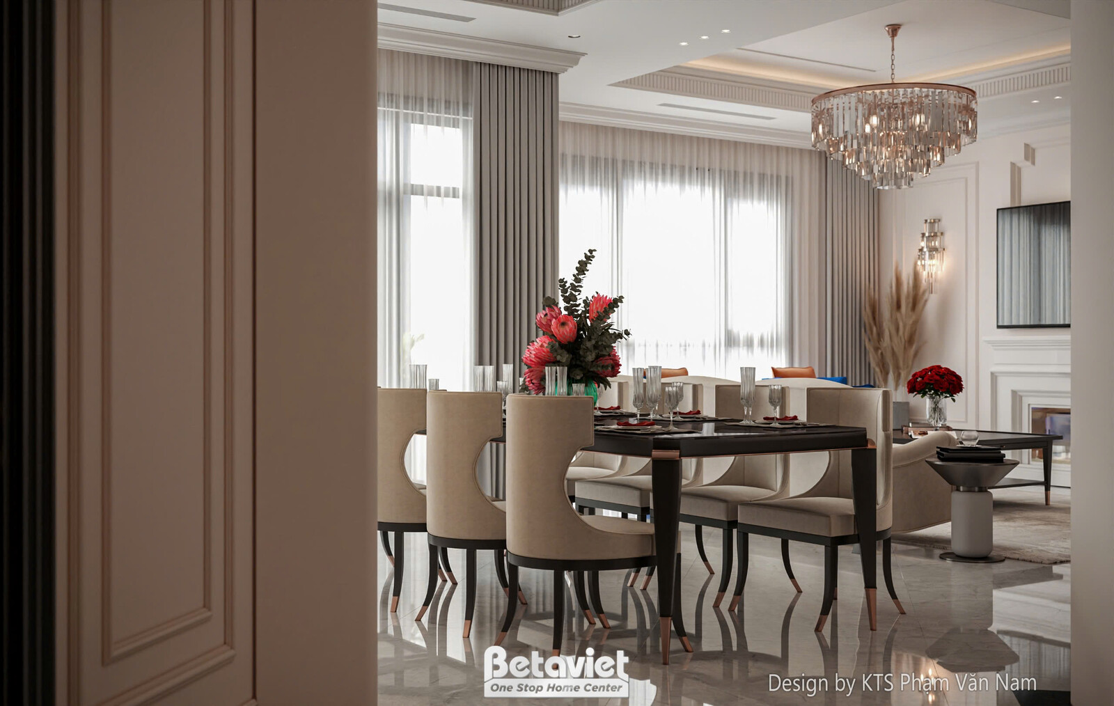 Góc cận cảnh bàn ăn với bình hoa tươi trang nhã, thể hiện sự chăm chút tỉ mỉ trong từng chi tiết. Đèn chùm pha lê phía trê…