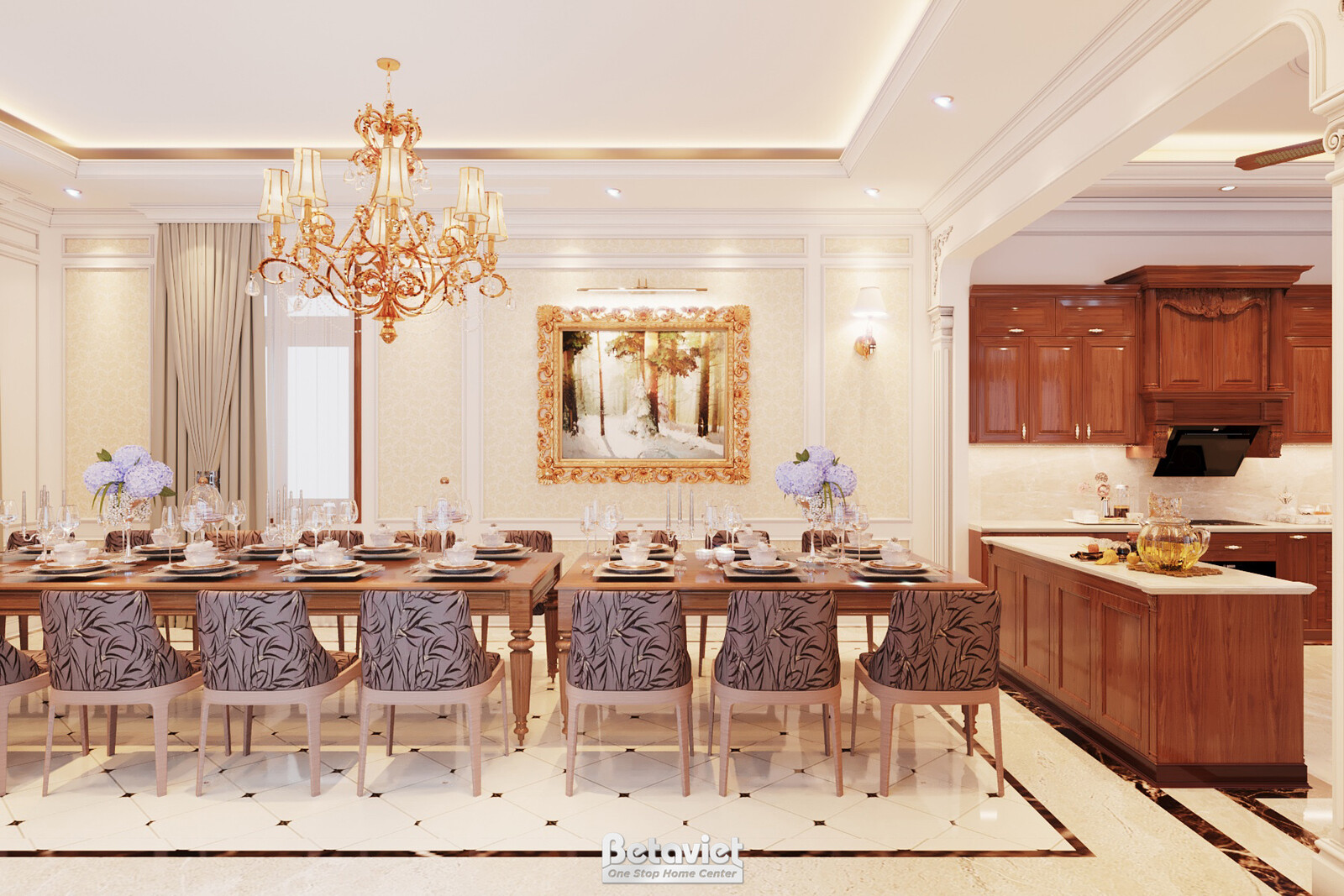 Nội thất phòng ăn biệt thự tân cổ điển NT21040 – góc nhìn tổng thể