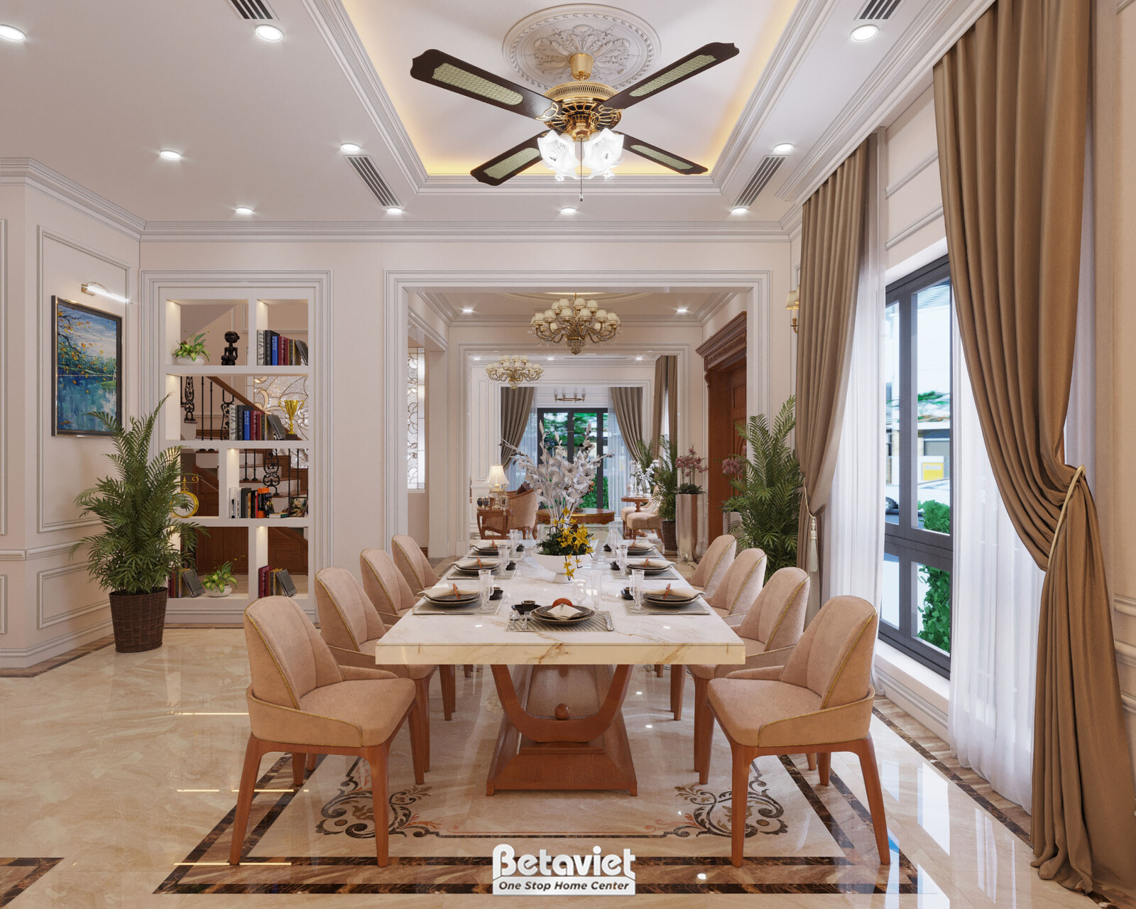 Nội thất phòng ăn biệt thự tân cổ điển NT21078 – góc nhìn tổng thể