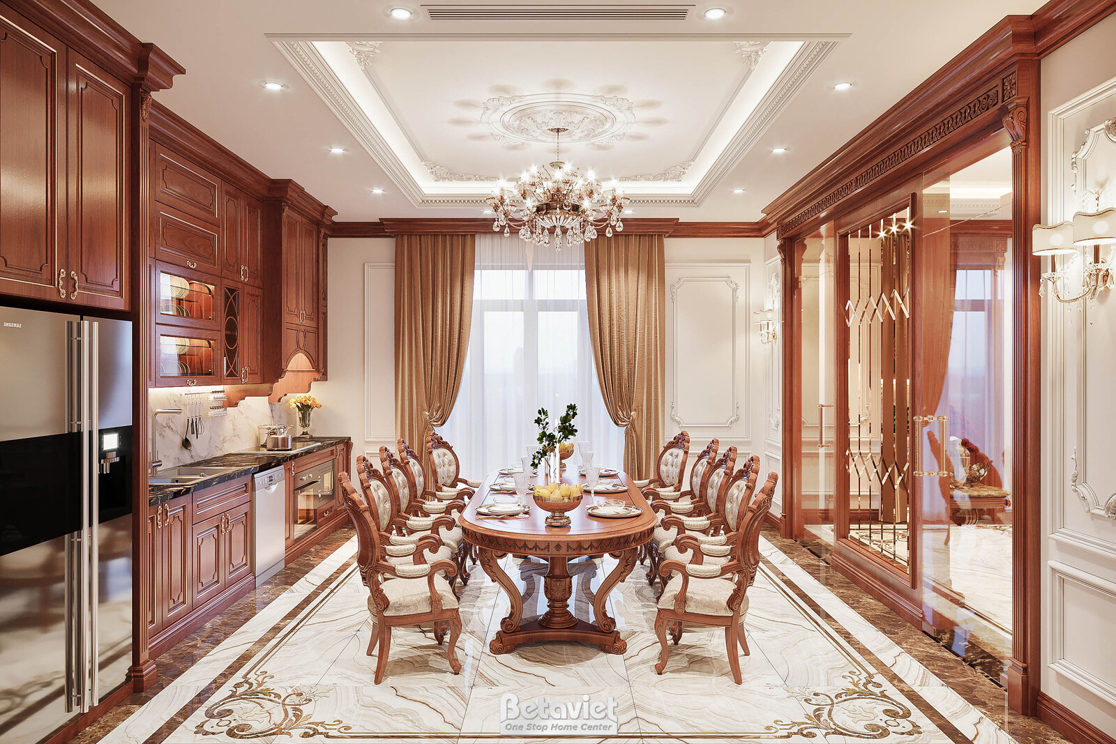 Nội thất phòng ăn biệt thự tân cổ điển KT21100A – góc nhìn tổng thể