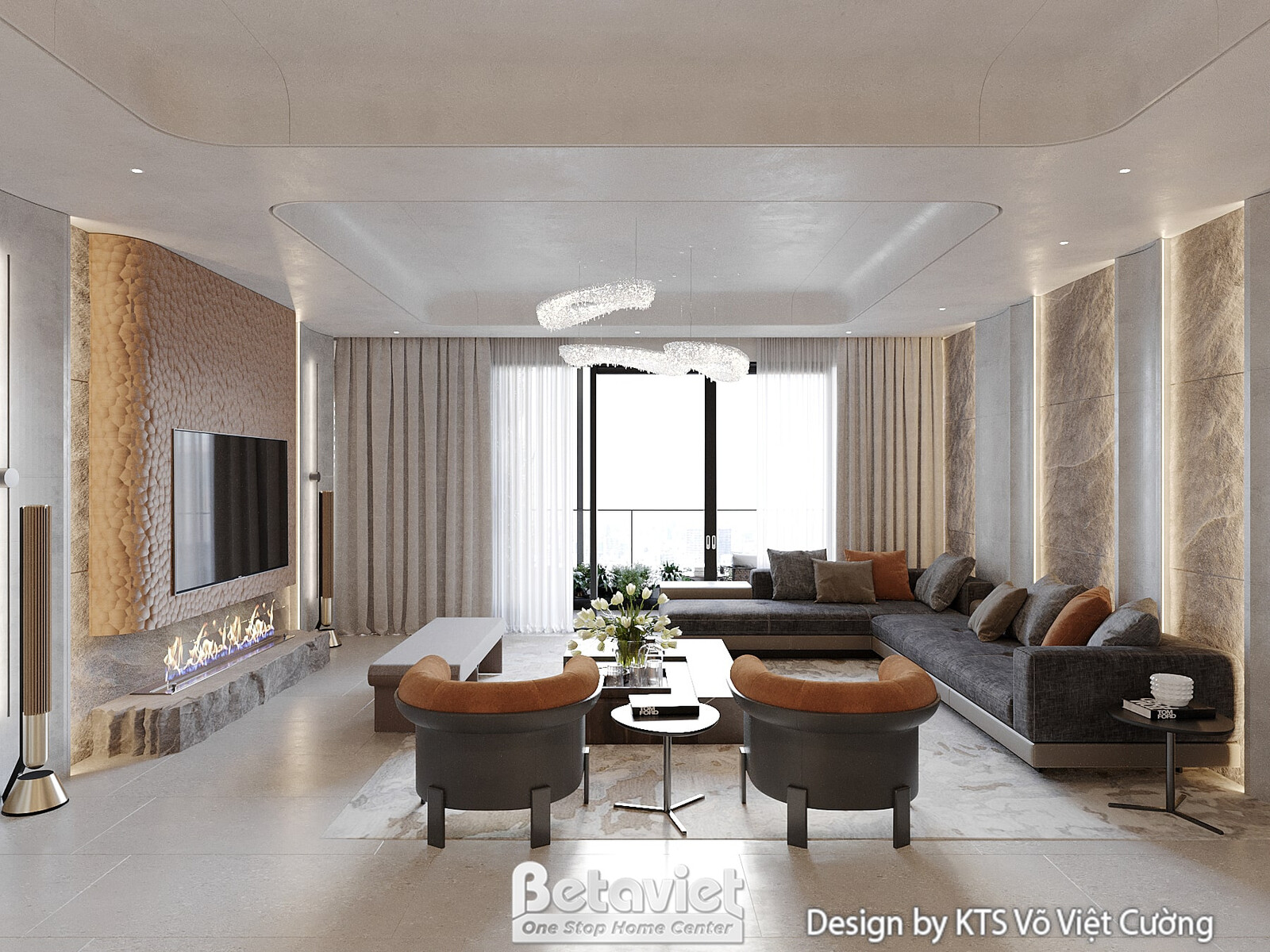 Phòng khách nhìn từ góc khác, với sofa chữ L, bàn trà đá. Tường ốp đá và gỗ, có lò sưởi trang trí hiện đại. Cửa kính lớn đ…