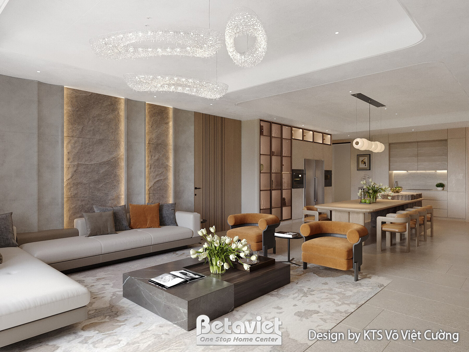 Phòng khách nhìn từ góc cao, không gian mở liên thông với phòng ăn. Sofa chữ L màu xám, bàn trà đá marble. Tường ốp đá và…