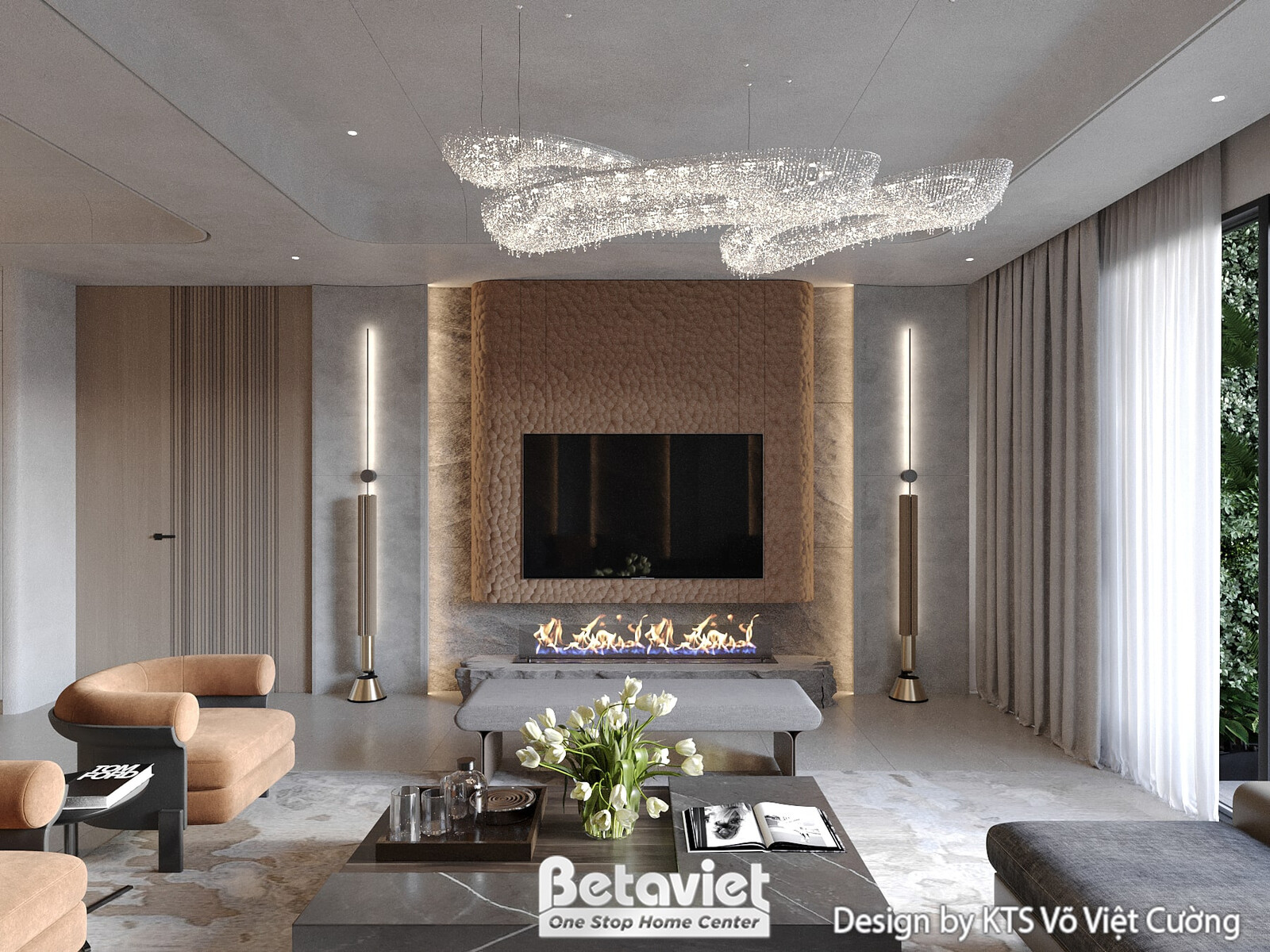 Phòng khách sang trọng với sofa chữ L màu xám, hai ghế đơn bọc da màu da bò. Tường ốp đá vân mây và gỗ, có lò sưởi trang t…