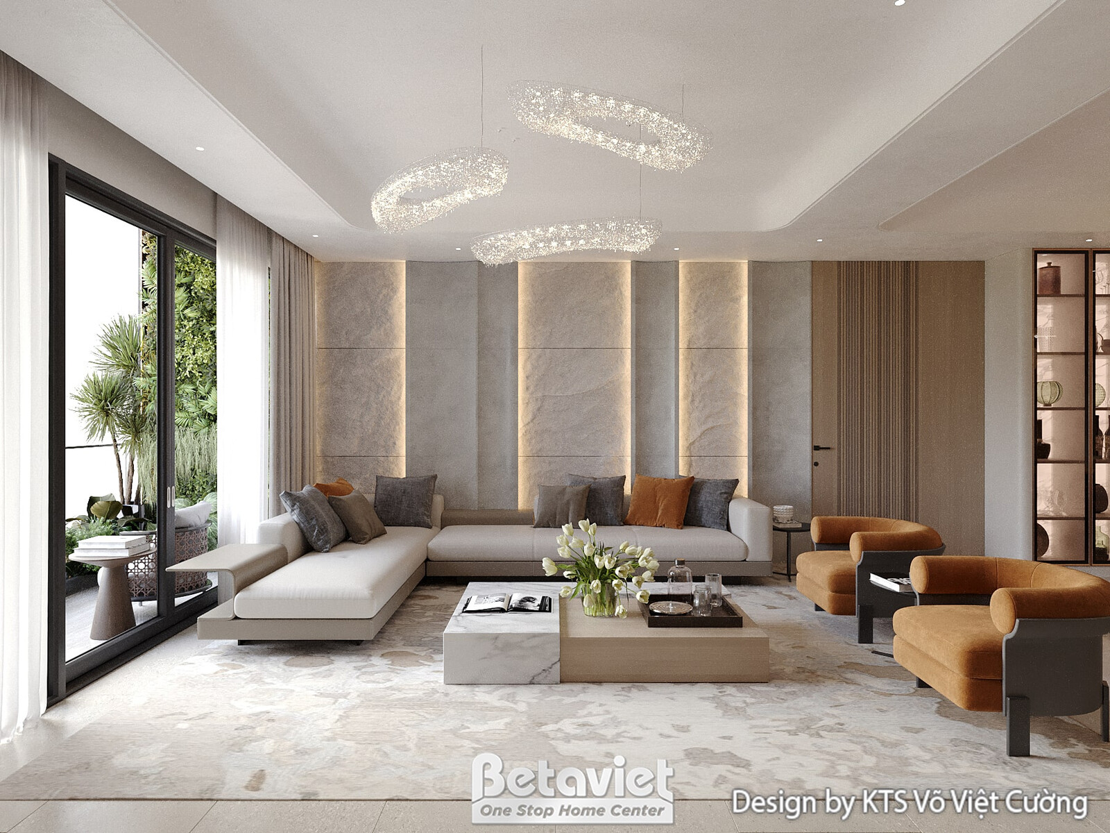 Góc phòng khách rộng rãi với sofa chữ L lớn màu xám và hai ghế đơn bọc da màu da bò. Tường trang trí ốp đá vân mây và gỗ s…