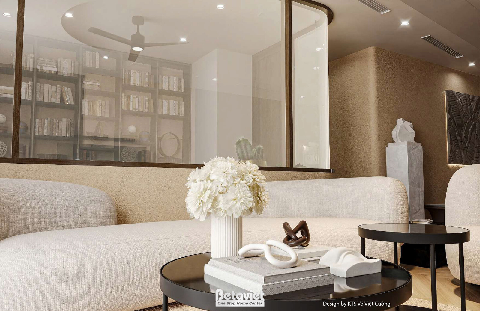 Phòng khách với sofa cong màu be mềm mại, bàn trà tròn và thảm trải sàn. Vách tường ốp gỗ tạo điểm nhấn ấm áp. Cửa kính lớ…