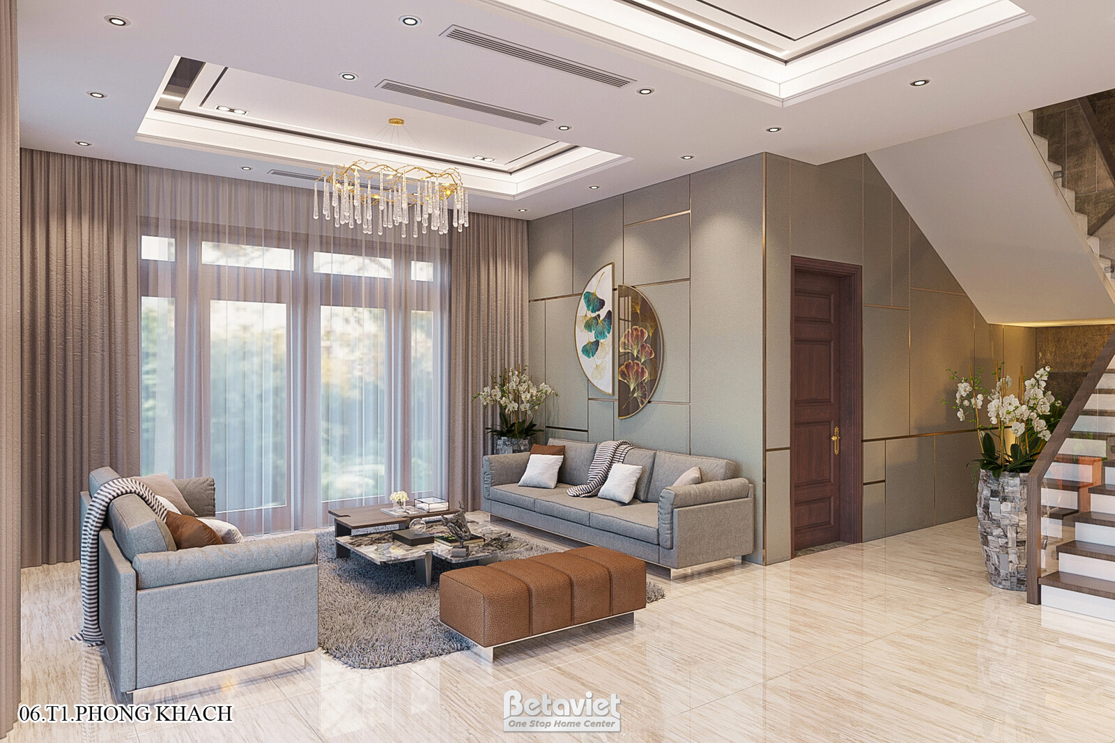 Nội thất phòng khách biệt thự hiện đại KT21144 – góc nhìn tổng thể