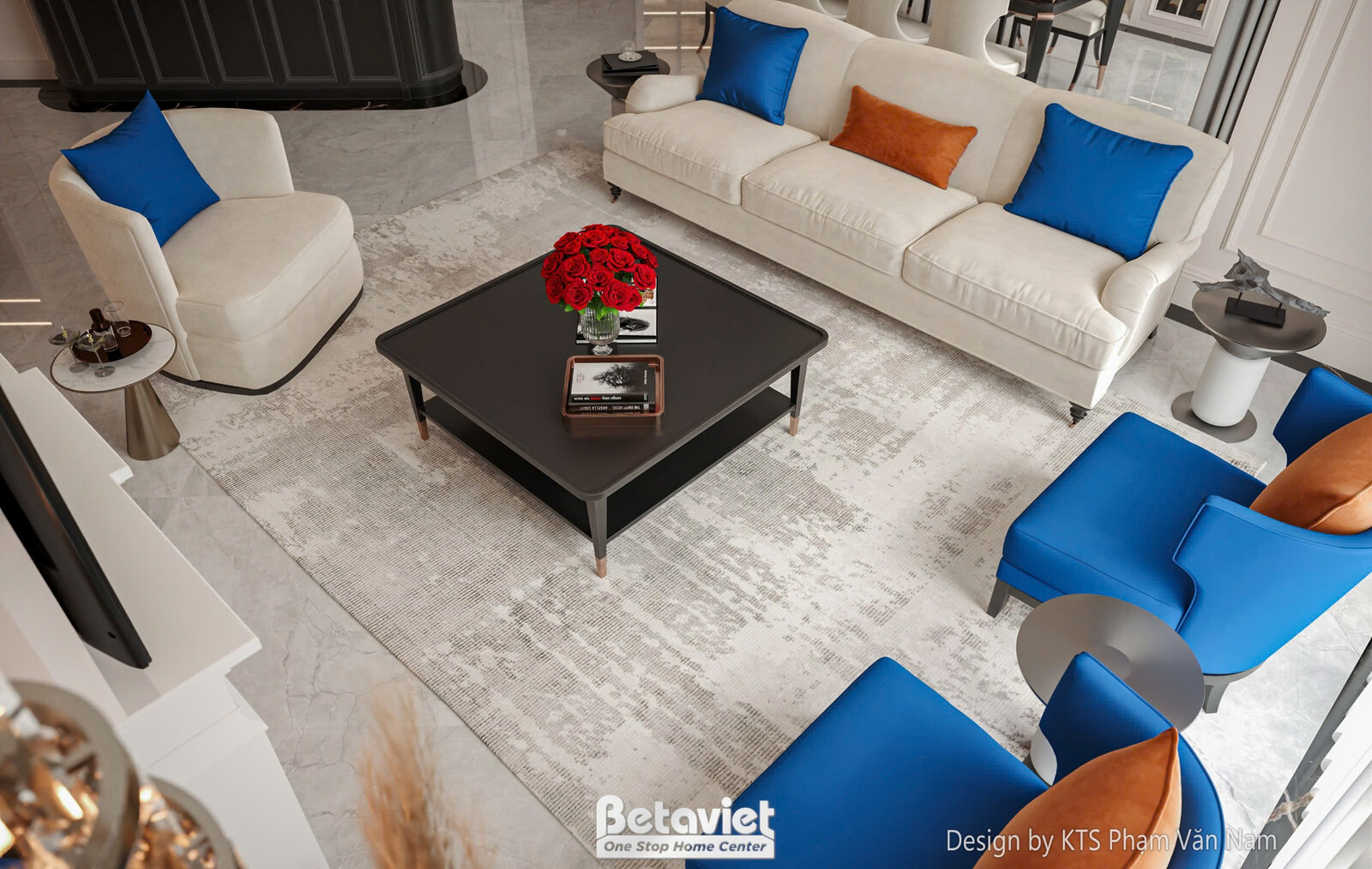 Góc nhìn từ trên cao của phòng khách, tập trung vào bộ sofa trung tâm gam màu be nhẹ nhàng được điểm xuyết bởi gối xanh co…