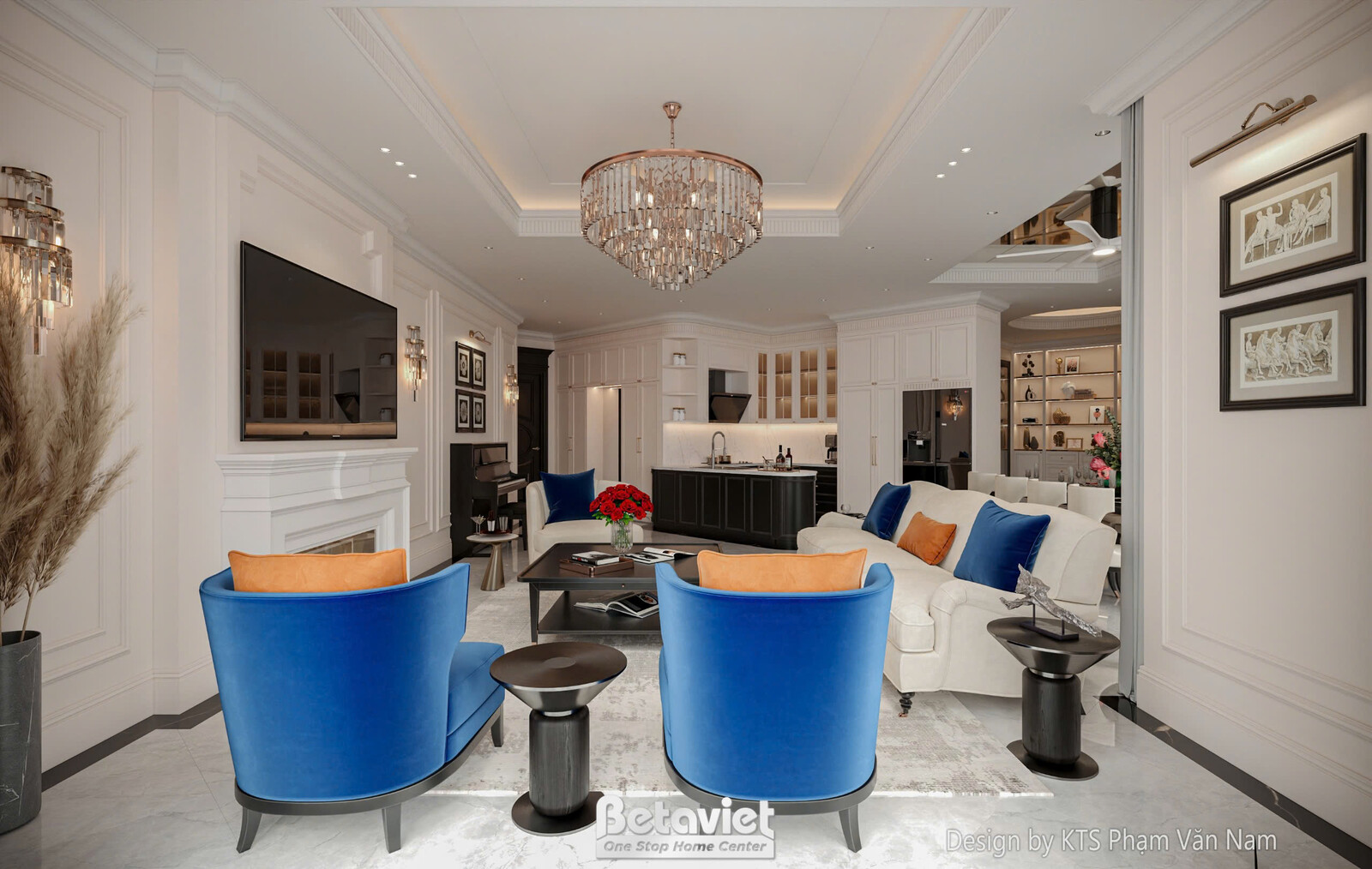 Góc cận cảnh khu vực sofa đơn màu xanh cobalt nổi bật trong phòng khách. Bàn trà tối giản và đèn chùm pha lê phía trên tạo…