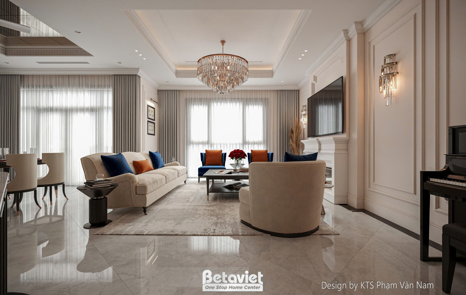 Tổng thể phòng khách hiện đại, thể hiện sự giao thoa giữa thanh lịch và cá tính. Sofa chữ L, bàn trà, kệ tivi và đèn chùm…