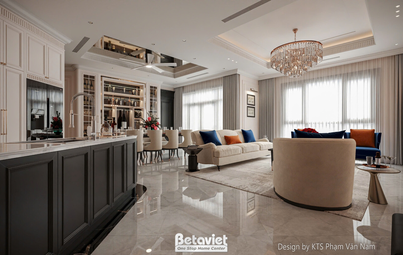 Góc nhìn từ khu vực bếp/ăn sang phòng khách, cho thấy sự liên thông không gian. Sofa chữ L, bàn trà và tủ rượu âm tường tạ…
