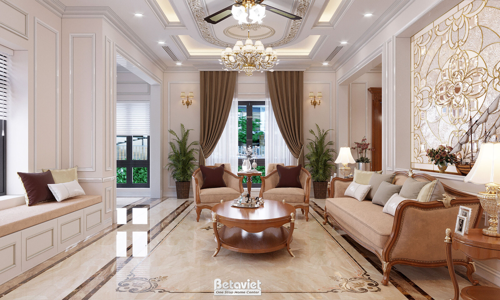 Nội thất phòng khách biệt thự tân cổ điển NT21078 – góc nhìn tổng thể