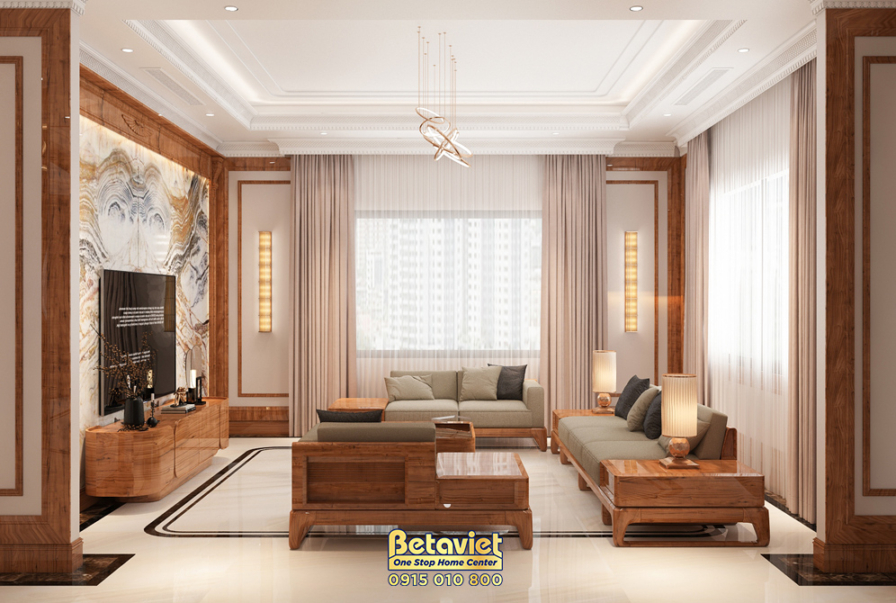 Nội thất phòng sinh hoạt chung biệt thự truyền thống KT22042 – góc nhìn tổng thể