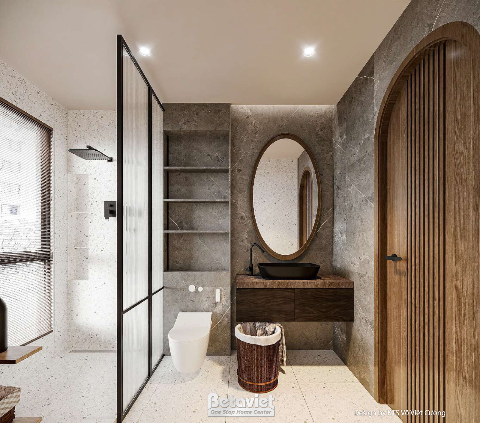 Phòng tắm với lavabo đá nguyên khối màu đen đặt trên tủ gỗ, gương tròn lớn có viền kim loại tạo điểm nhấn. Vách kính nhám…