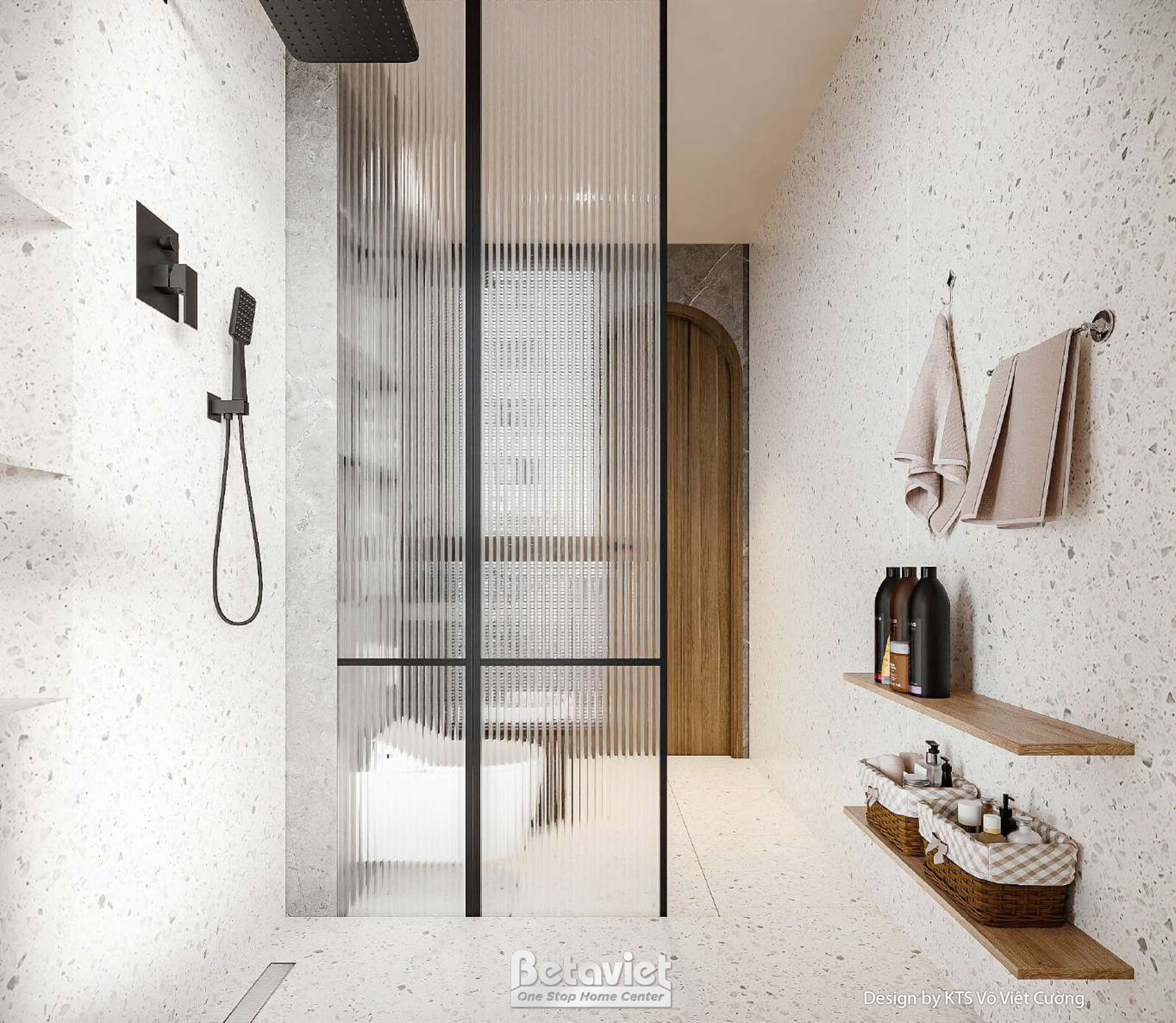 Khu vực tắm đứng trong phòng tắm, với vách kính nhám và kệ gỗ nhỏ tiện lợi để đồ dùng. Gạch ốp tường terrazzo và đá marble…