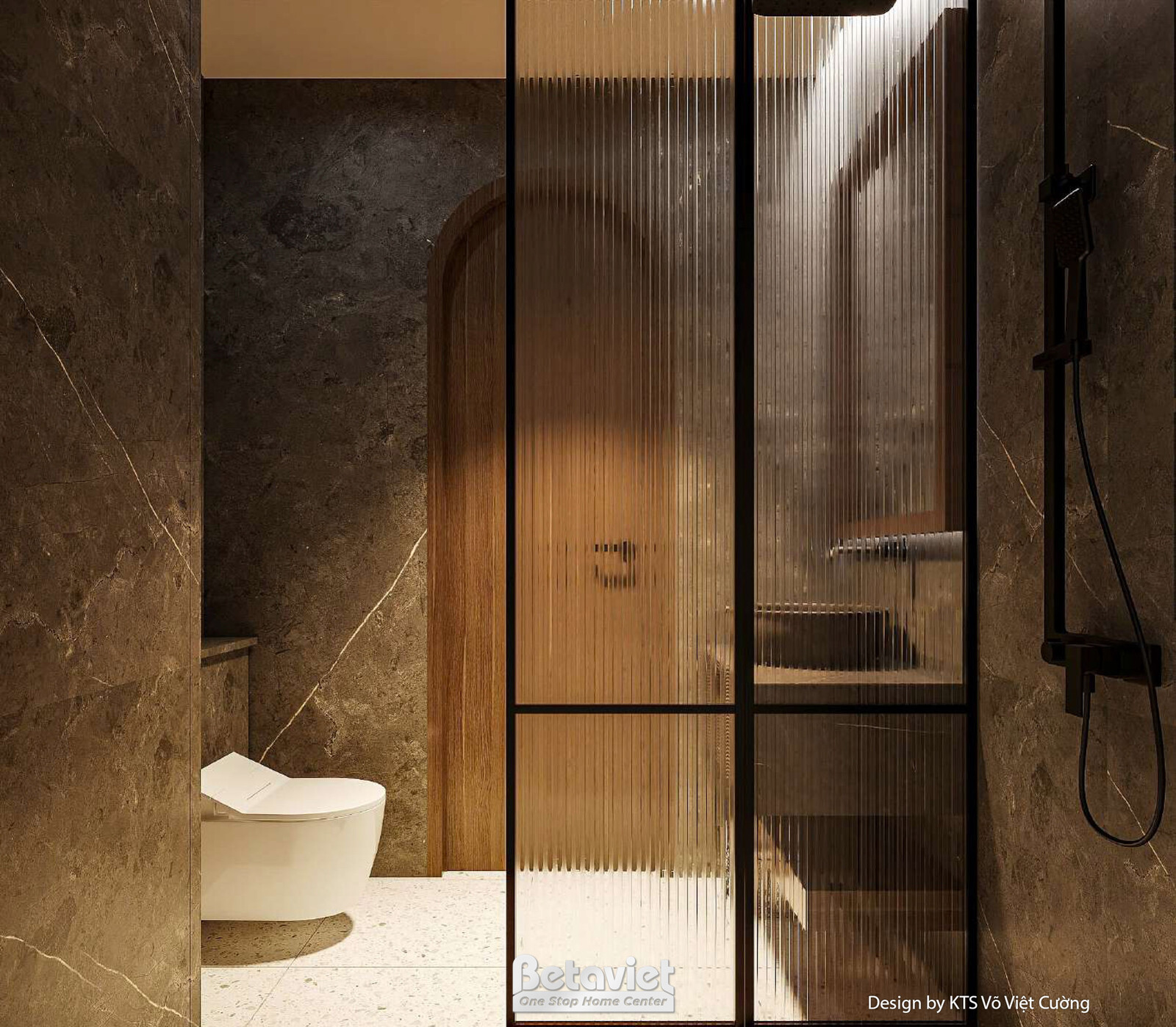 Phòng tắm với lavabo đá nguyên khối màu đen và gương tròn lớn. Bồn cầu thông minh được đặt gọn gàng. Vách kính nhám tạo sự…