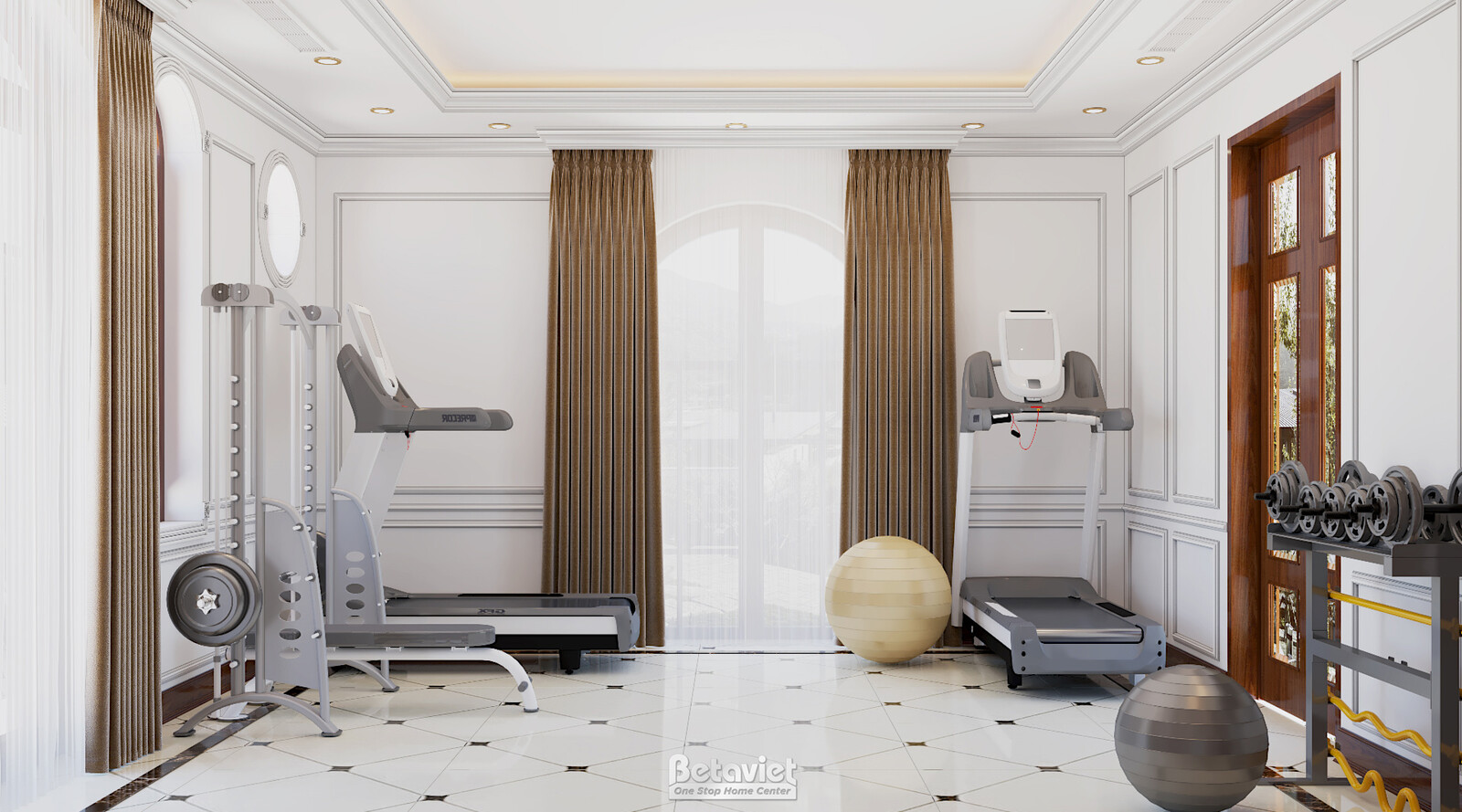 Nội thất phòng tập gym biệt thự tân cổ điển NT21040 – góc nhìn tổng thể