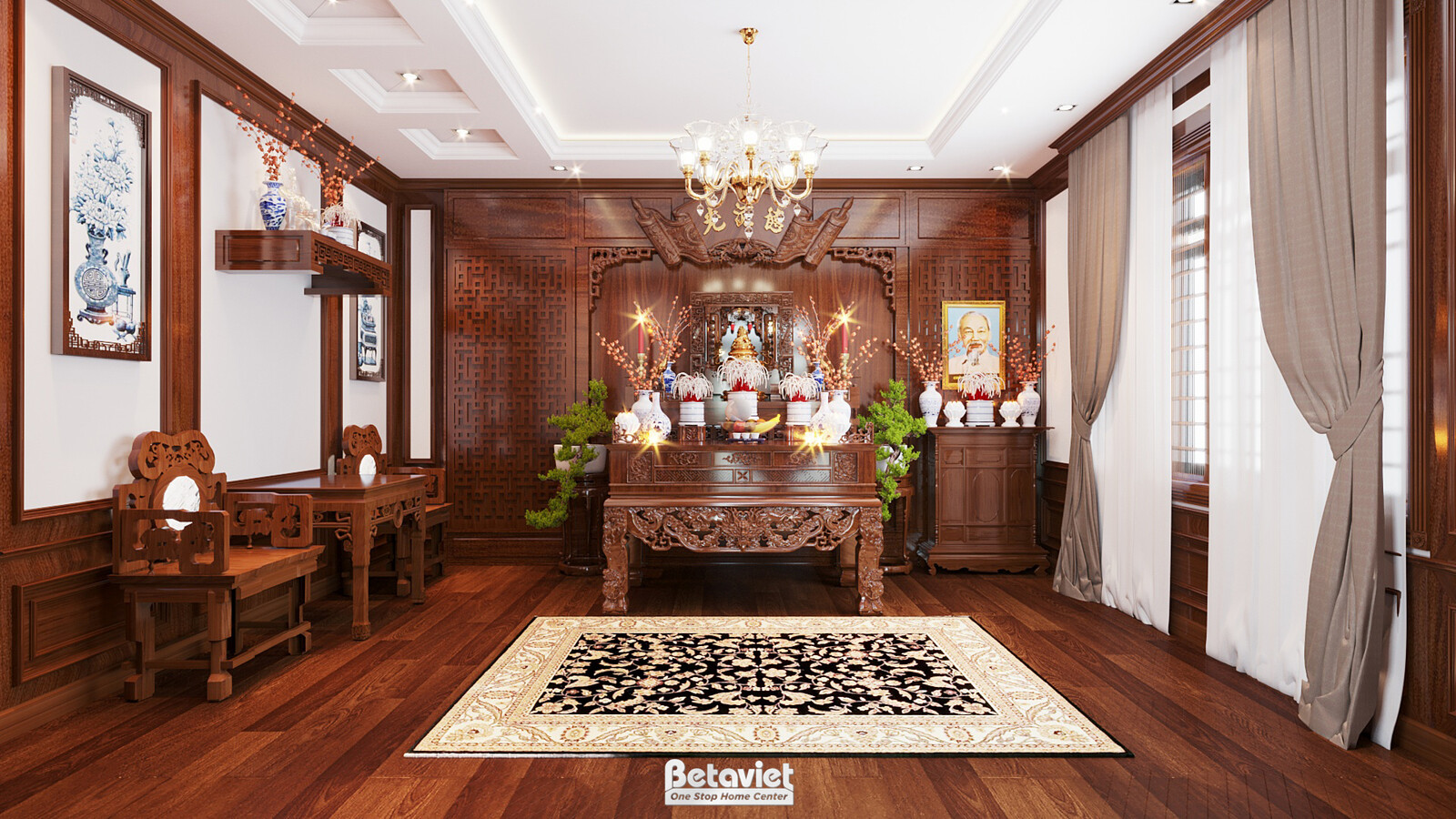 Không gian trang trọng với nội thất gỗ tự nhiên màu nâu đậm, tường ốp gỗ panelling và các chi tiết chạm khắc tinh xảo. Tru…