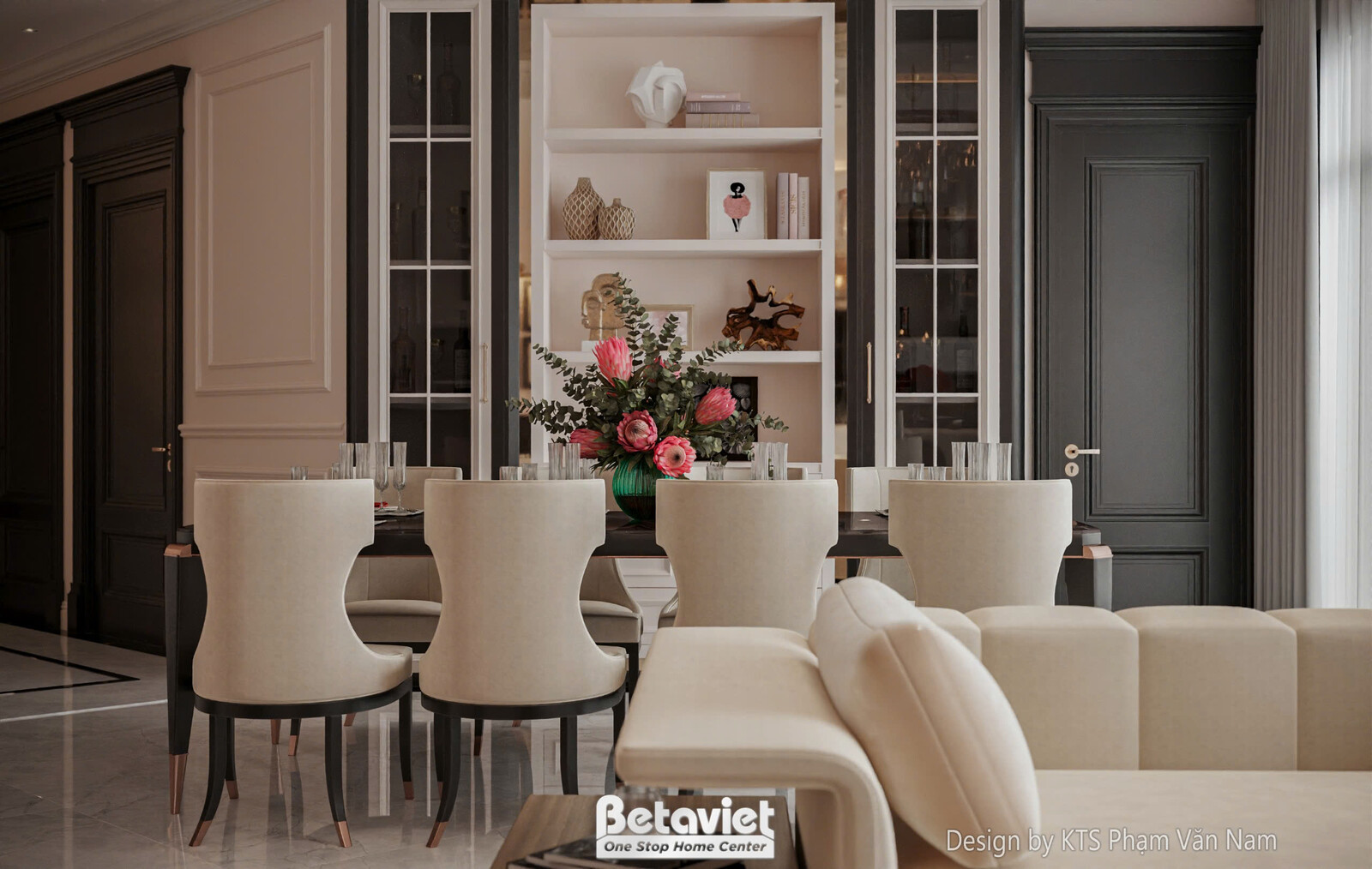 Cận cảnh hệ tủ trang trí âm tường phía sau bàn ăn, với các ngăn kệ trưng bày decor và đèn chiếu sáng tinh tế. Bình hoa tươ…
