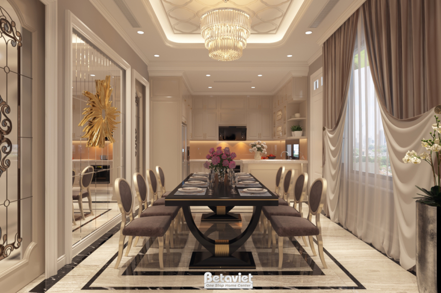 Nội thất phòng ăn biệt thự tân cổ điển NT18113 – góc nhìn tổng thể