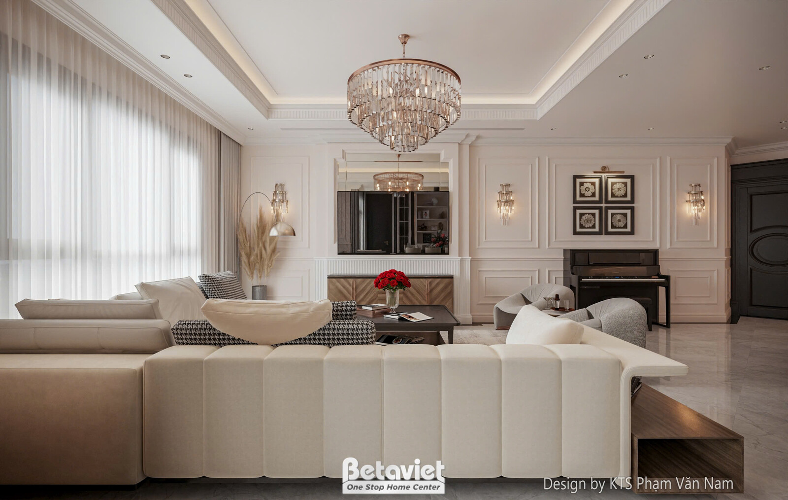 Phòng khách với sofa chữ L lớn, bàn trà tối màu và kệ TV ốp đá vân mây. Đèn chùm pha lê và đèn hắt trần tạo ánh sáng lung…