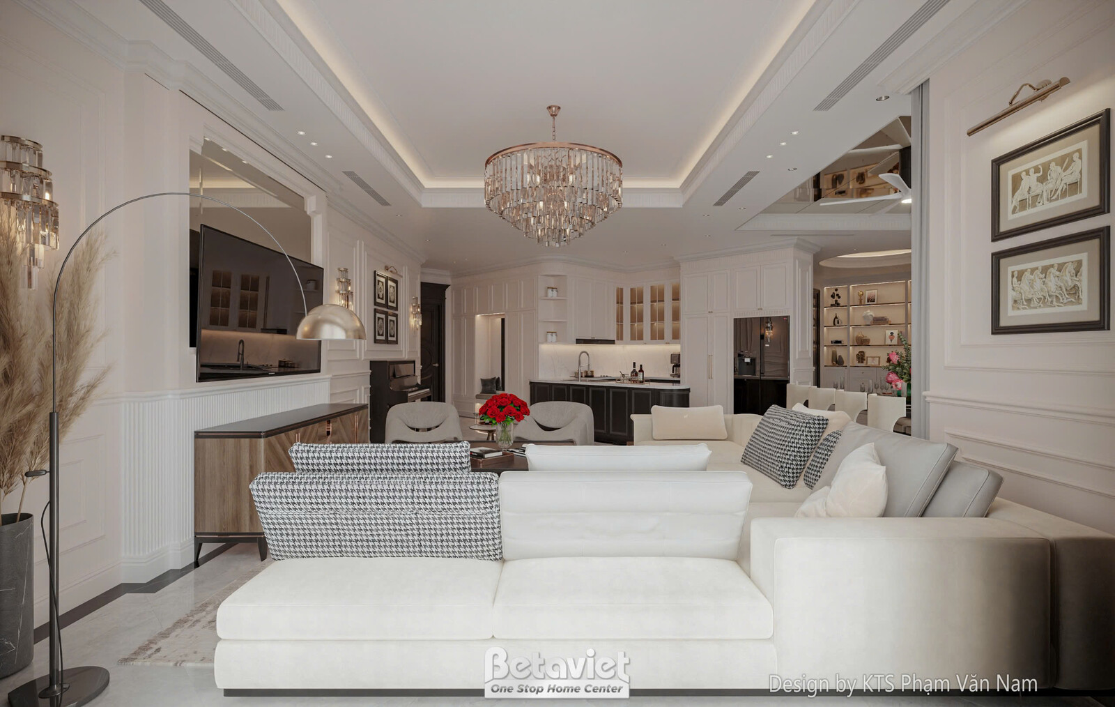 Phòng khách nhìn từ góc rộng, với sofa chữ L, bàn trà và hệ tủ trang trí. Ánh sáng tự nhiên và đèn trần kết hợp, tạo không…