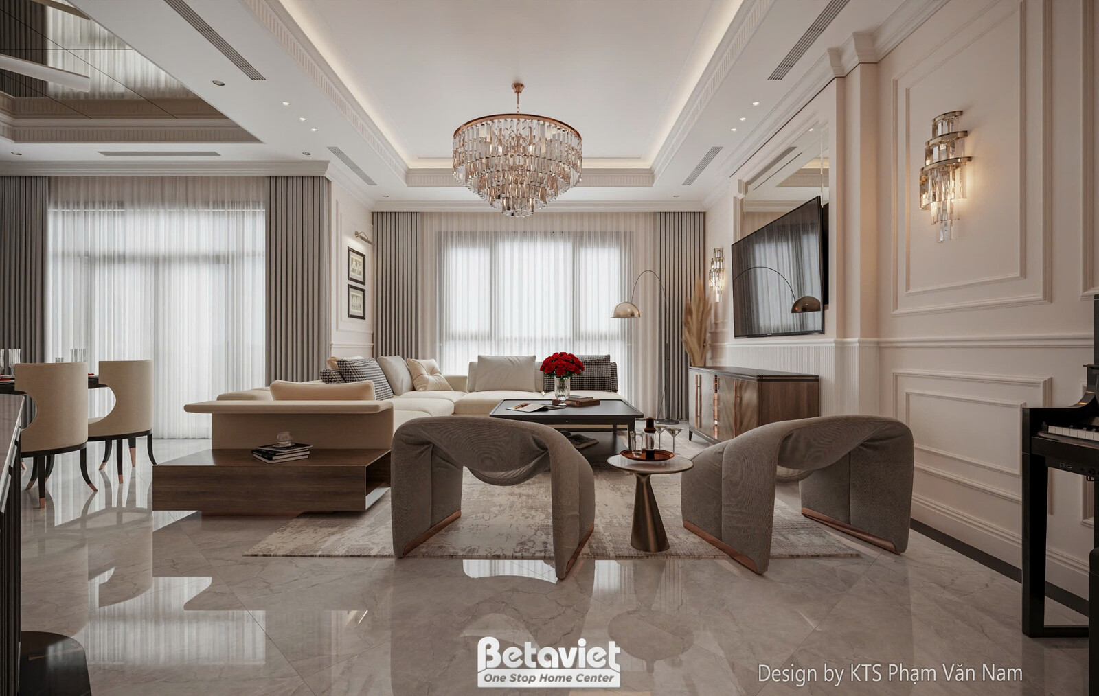 Phòng khách nhìn từ góc khác, với sofa chữ L màu kem, bàn trà tối màu và thảm trải sàn. Đèn chùm pha lê và đèn hắt trần tạ…