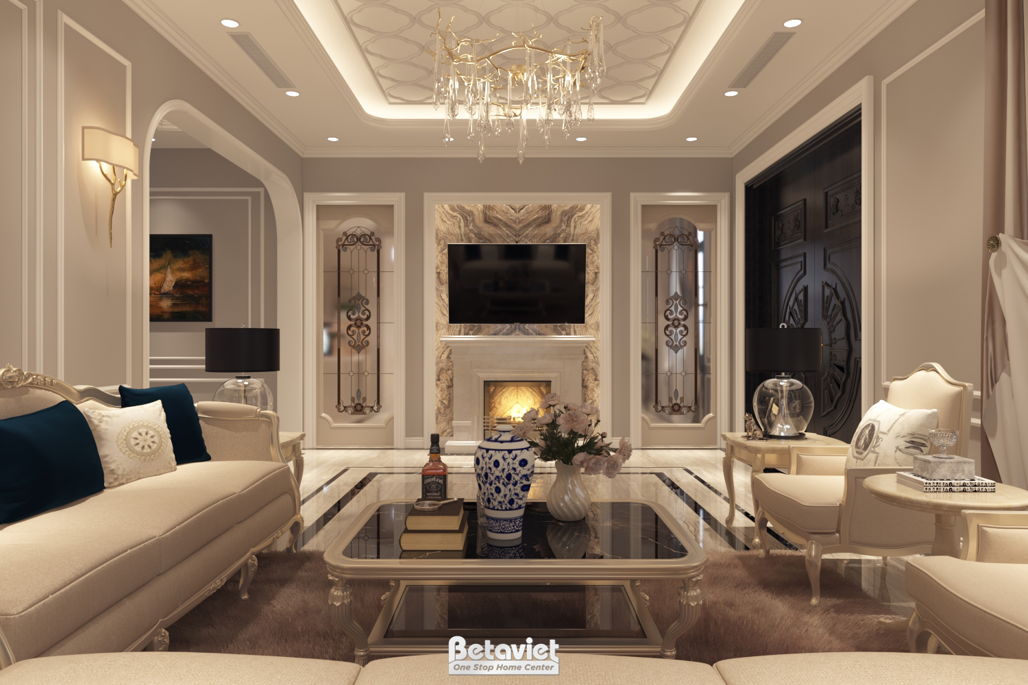 Thi công nội thất phòng khách tinh tế, tối ưu công năng và thẩm mỹ, tạo không gian sống sang trọng và tiện nghi.
