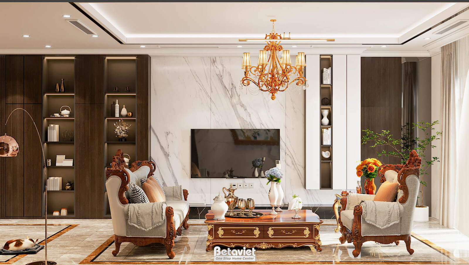 Nội thất phòng sinh hoạt chung biệt thự tân cổ điển KT17039 – góc nhìn tổng thể