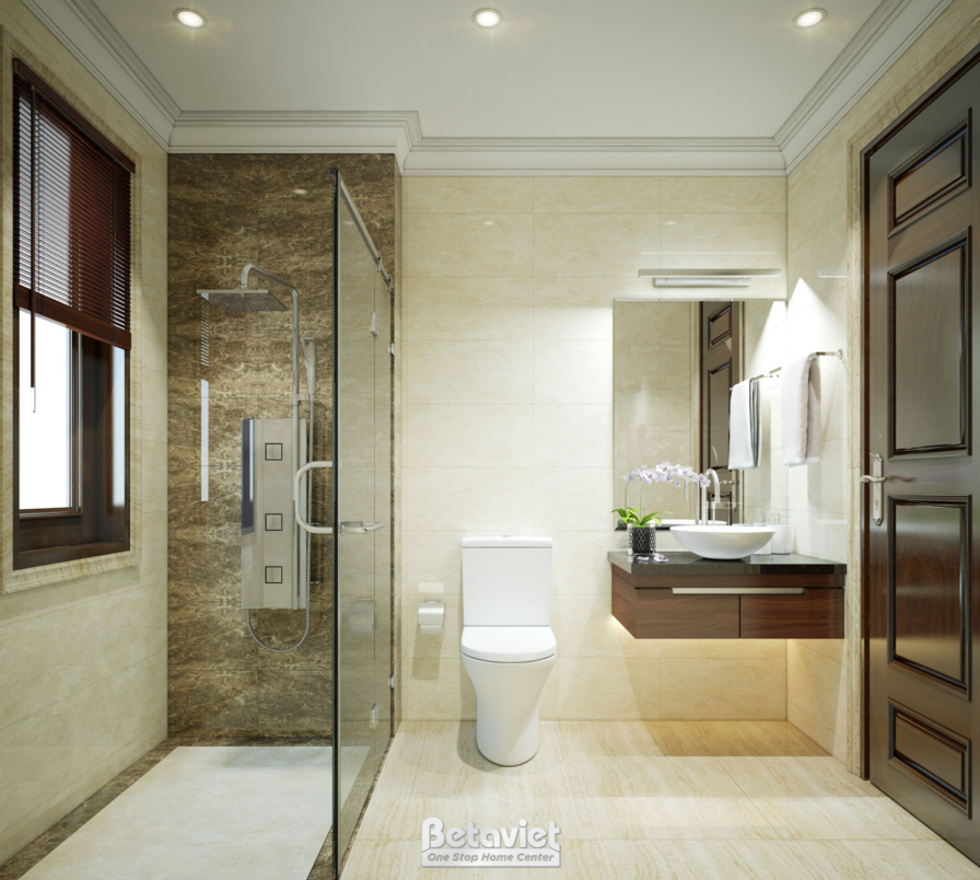 Góc khác của phòng tắm, gương lớn phía trên bồn rửa, kệ đá đặt lavabo, vách kính cường lực ngăn khu tắm đứng, tường ốp đá…