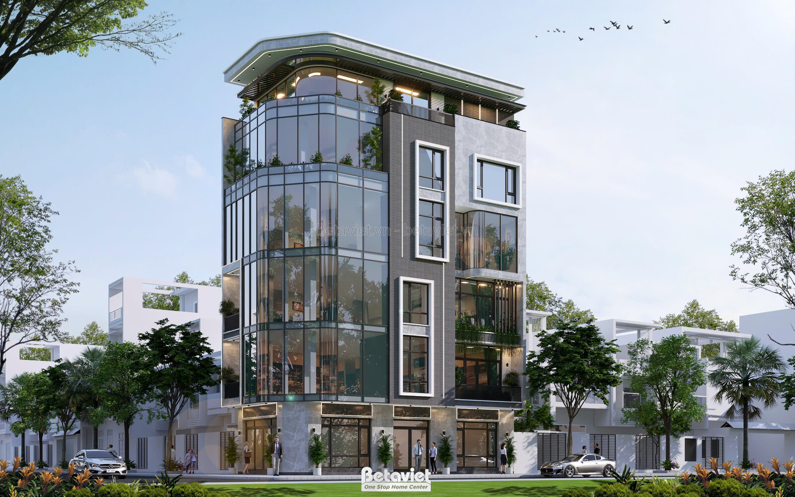 Góc nhìn tổng thể tòa nhà mặt phố hiện đại luxury, thể hiện sự hài hòa giữa khối kính uốn cong và các mảng tường bê tông…