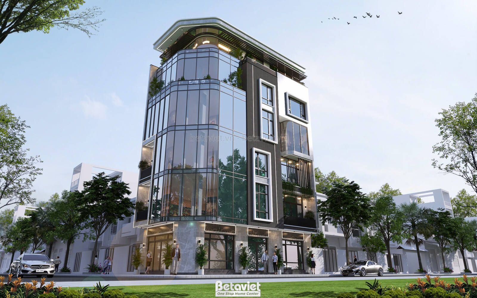 Phối cảnh tòa nhà mặt phố hiện đại luxury từ góc chếch, nhấn mạnh sự độc đáo của khối kính cong và các ban công cây xanh…