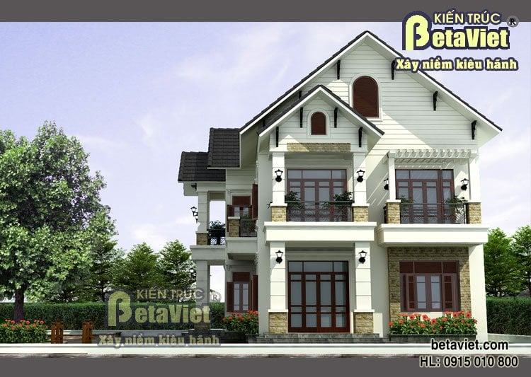 biệt thự nhà vườn mini tân cổ điển 3 tầng trắng sứ ghi xám thiết kế Betaviet