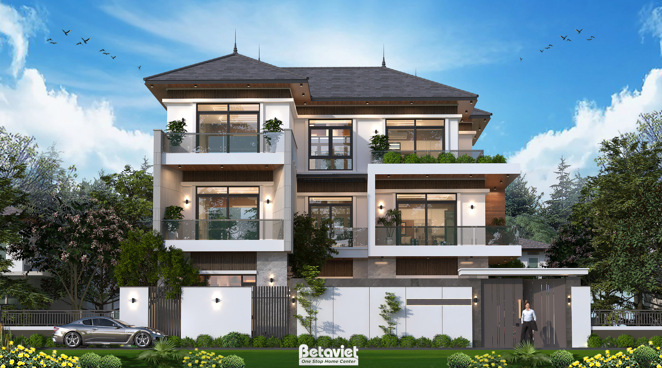 Mẫu mặt tiền biệt thự 3 tầng phong cách hiện đại Luxury tại Hà Nội KT5514480
