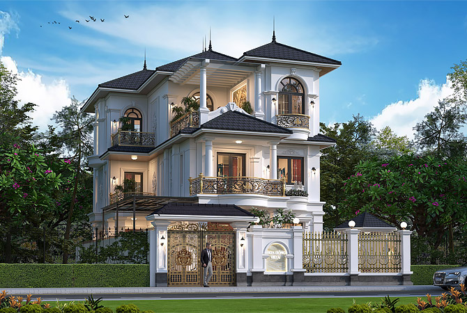 Biệt thự 3 tầng tân cổ điển mái Nhật tại Hà Nội KT2009134 – phối cảnh mặt tiền chếch