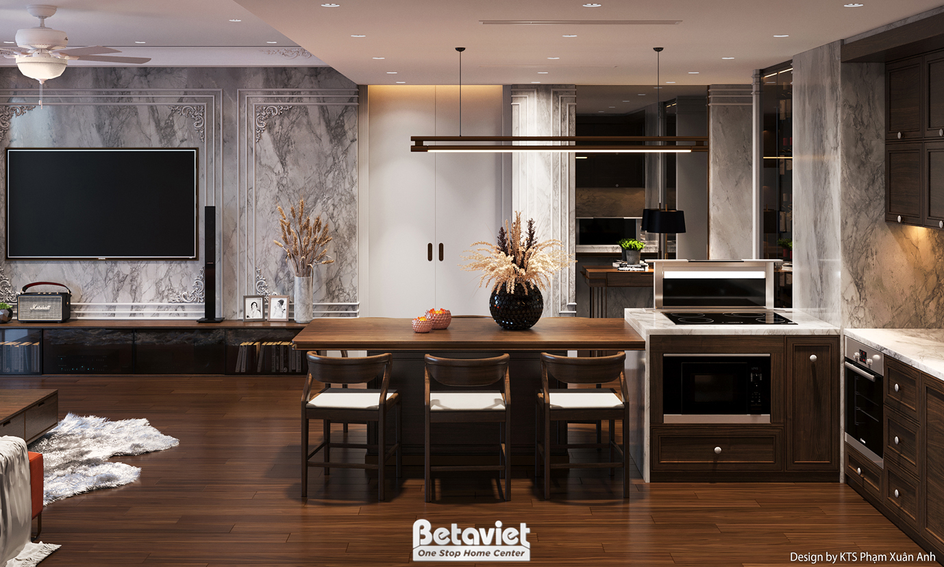Mẫu nội thất phòng bếp căn hộ hiện đại luxury Gold Season NT24542