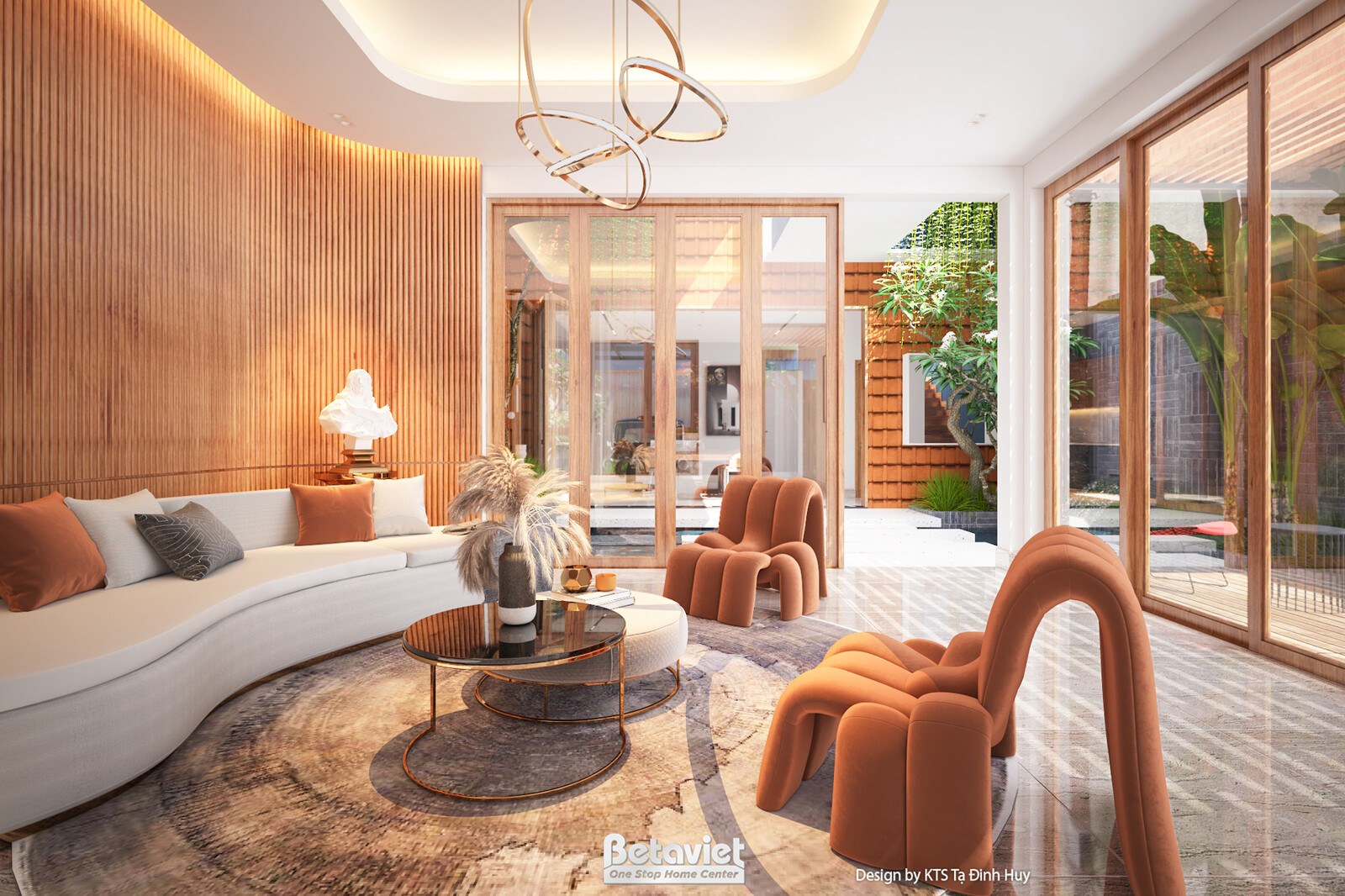 Phòng khách rộng rãi với sofa cong màu trắng kem và bàn trà đá cẩm thạch, đặt trên thảm họa tiết độc đáo. Tường ốp gỗ tự n…