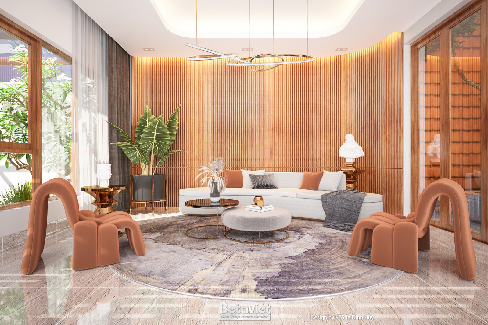 Phòng khách với bố cục mở, sofa trắng hiện đại và ghế bành màu cam đất tạo điểm nhấn. Tường ốp gỗ và cửa kính lớn kết nối…