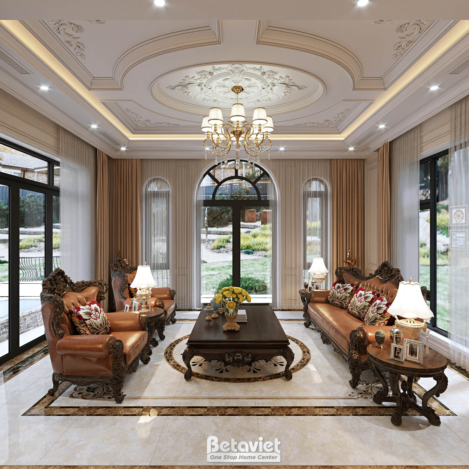 Nội thất phòng khách biệt thự tân cổ điển KT5509052 – góc nhìn tổng thể