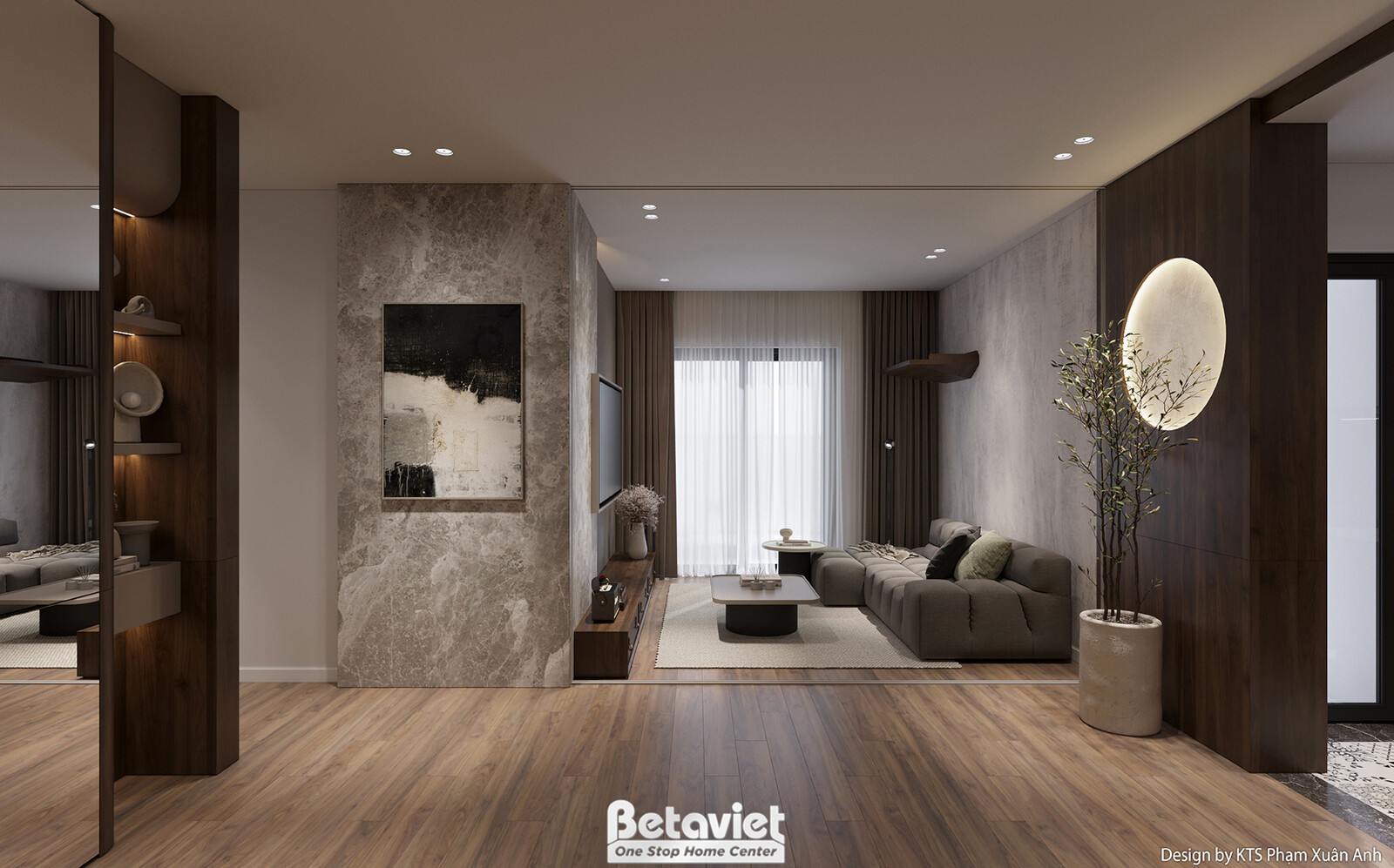 Toàn cảnh phòng khách nhìn từ phía cửa sổ. Sofa chữ L màu xám, bàn trà đôi. Tường ốp gỗ sẫm màu và bê tông giả thô, kệ tra…